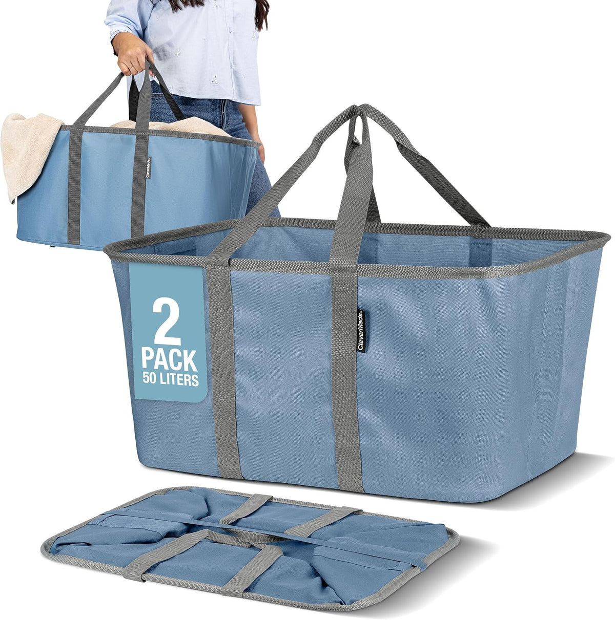 CleverMade Collapsible Laundry Tote, 50L Carry-All Tote, 2 Pack, Denim | Carry a Full Load with One Hand | Long Center Handles Balance 55 lb, While the Steel Rim Holds Shape and Folds Flat