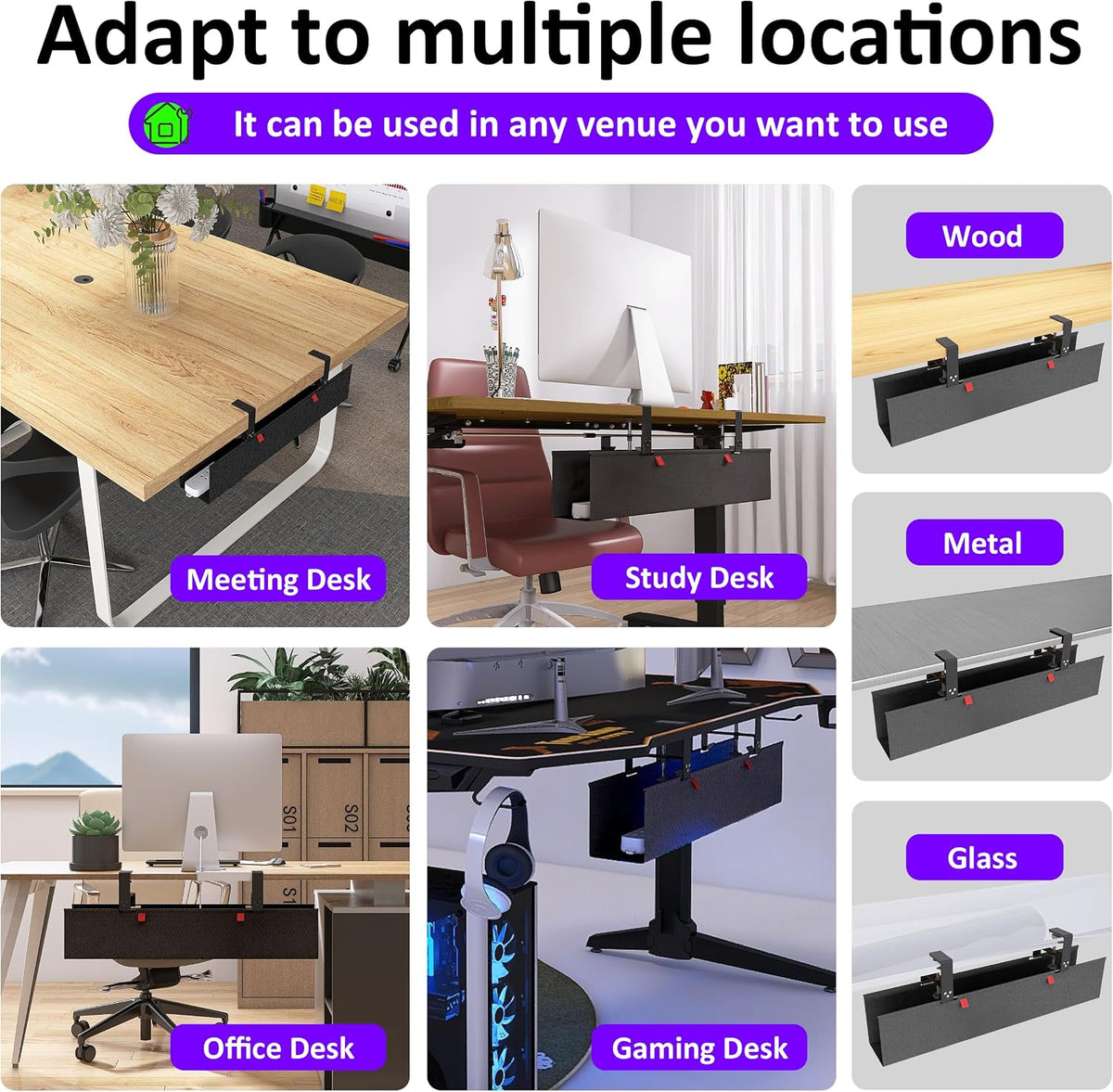 Under Desk Cable Management Tray - Under Desk Cord Management - Clamp/Screw Mount - Fabric Wire Management - Cable Raceways Tray Cord Hiders for Office/Home (Black, 28.5×5.6")