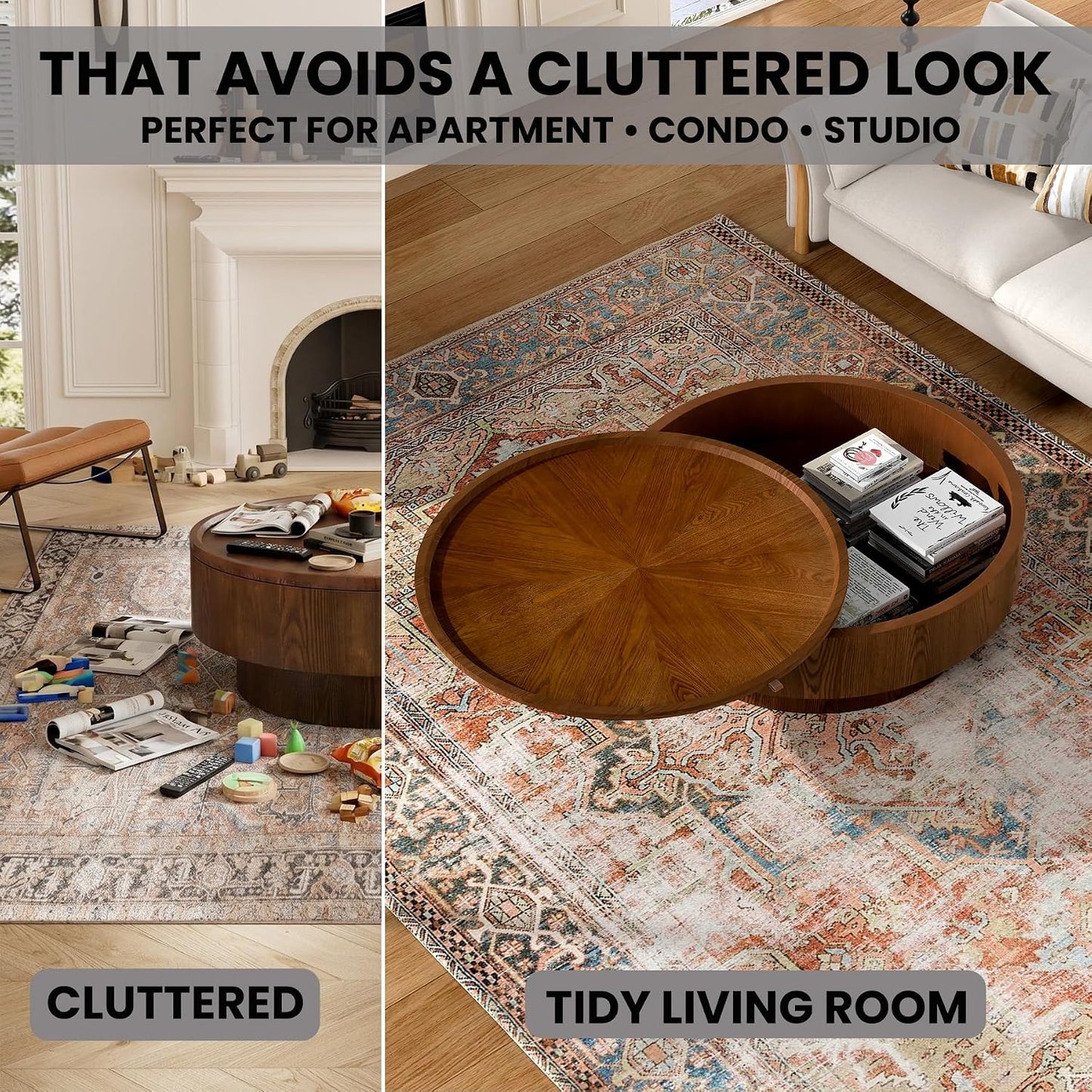 30.7" Round Coffee Table with Storage, Drum Center Table for Small Spaces | Large Hidden Storage Compartment With Removable Lid Keeps Living Room Organized