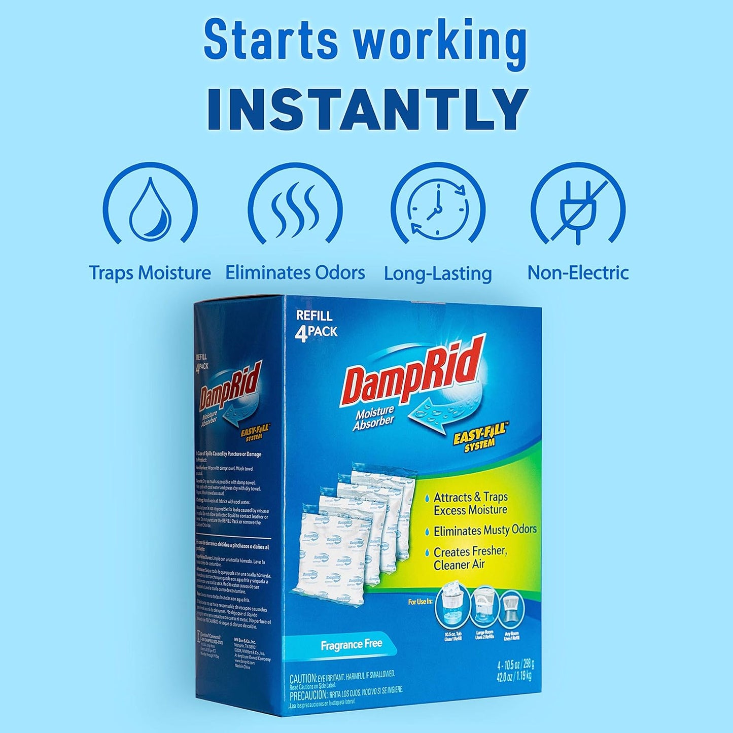 DampRid - Fragrance Free Moisture Absorber 10.5 oz. Easy Fill Refill Packs - 4 count – Attracts & Traps Moisture for Fresher, Cleaner Air