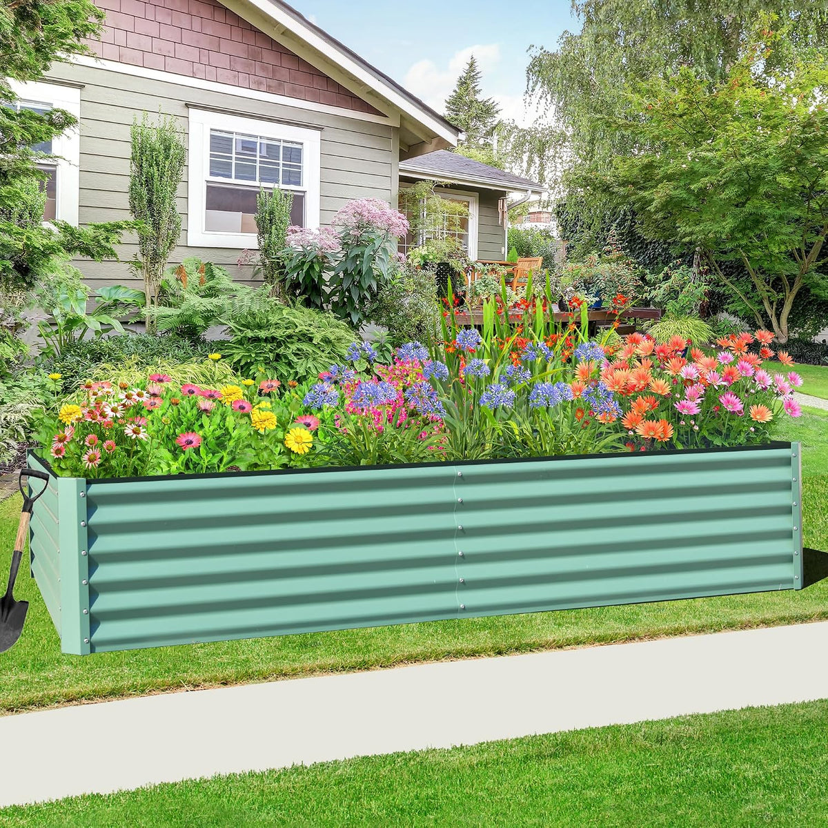 Domi Raised Garden Beds Outdoor, 8x4x1.5Ft Thickening Tall Metal Rectangular Deep Root Box Planter for Vegetables, Flowers, Herbs, and Succulents 1.5" Deep w/ 342 Gallon Capacity - Green