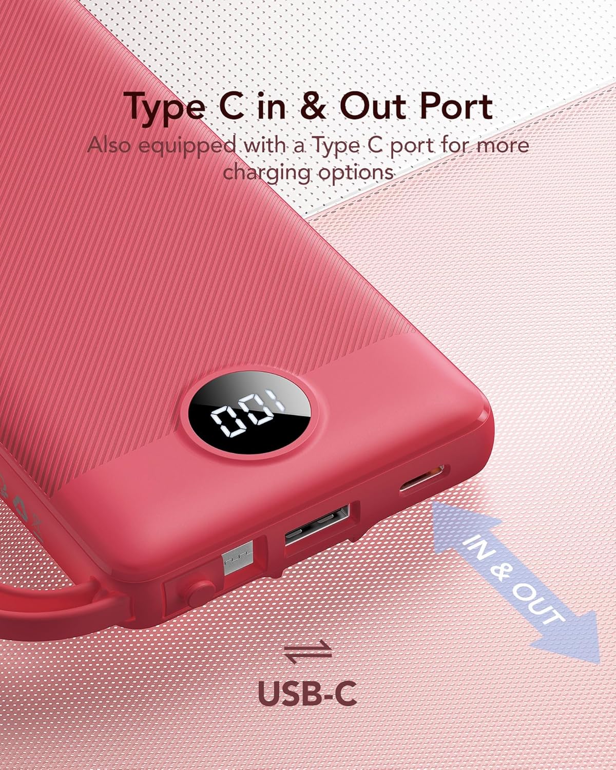 VRURC Portable Charger, Built in 4 Cables & Lanyard Power Bank 10000mAh, Compact USB C Charging Bank 5 Outputs for Multi Devices,Travel Essential for Hiking Camping Business Cruise Ship-Red(1 Pack)