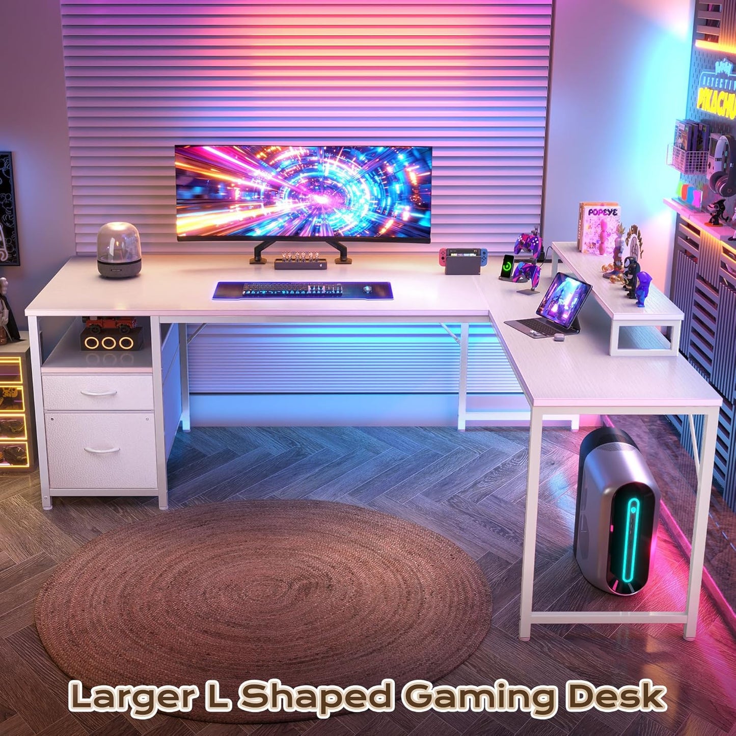 PRAISUN 63 Inch L Shaped Desk with Power Outlets and USB-C Port, Computer Corner Home Office Desk with File Fabric Drawers and Movable Monitor Stand, Larger Storage, Gaming, Writing, Work, White