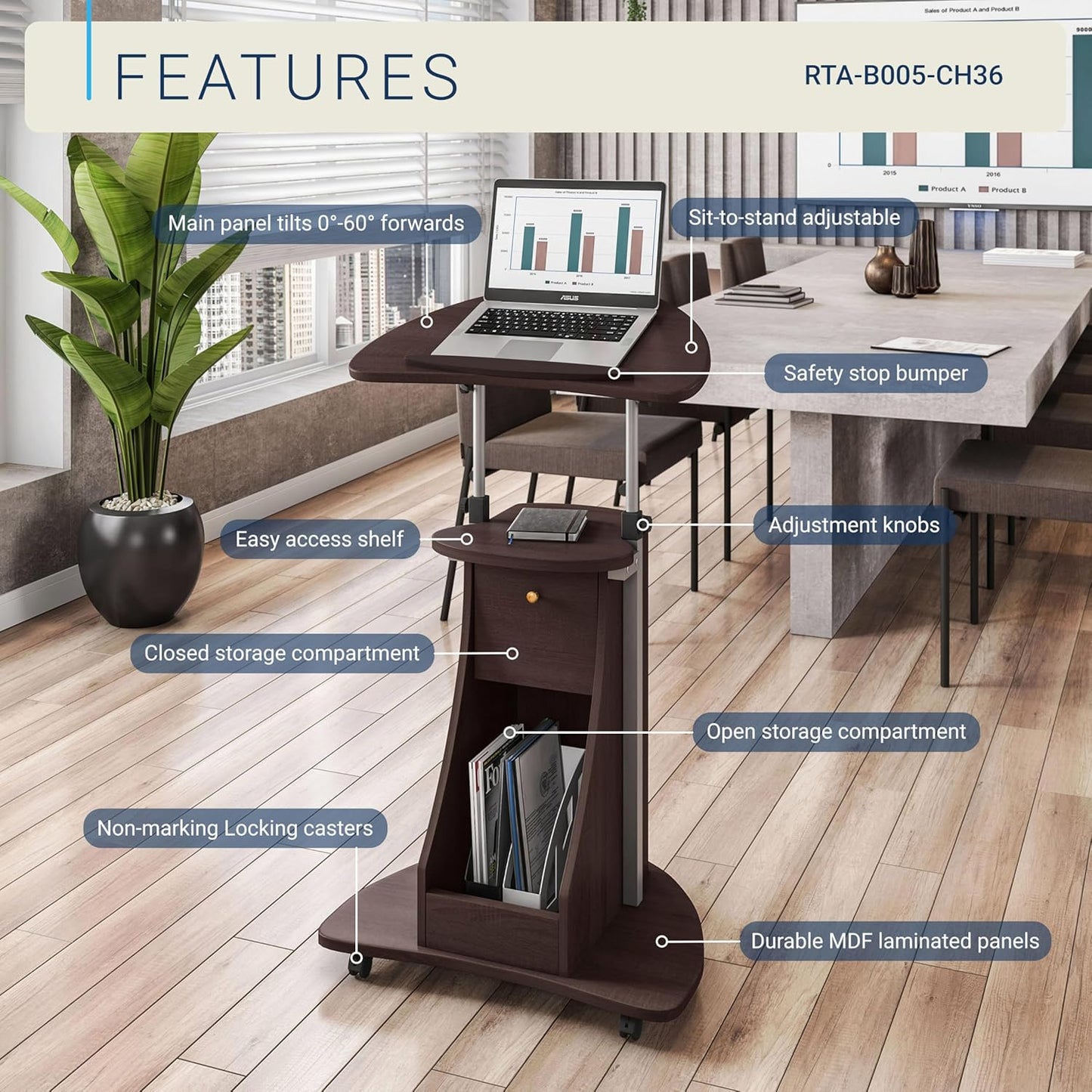Techni Mobili Sit-to-Stand Rolling Adjustable Storage Medical Laptop Computer Cart, Chocolate, B005
