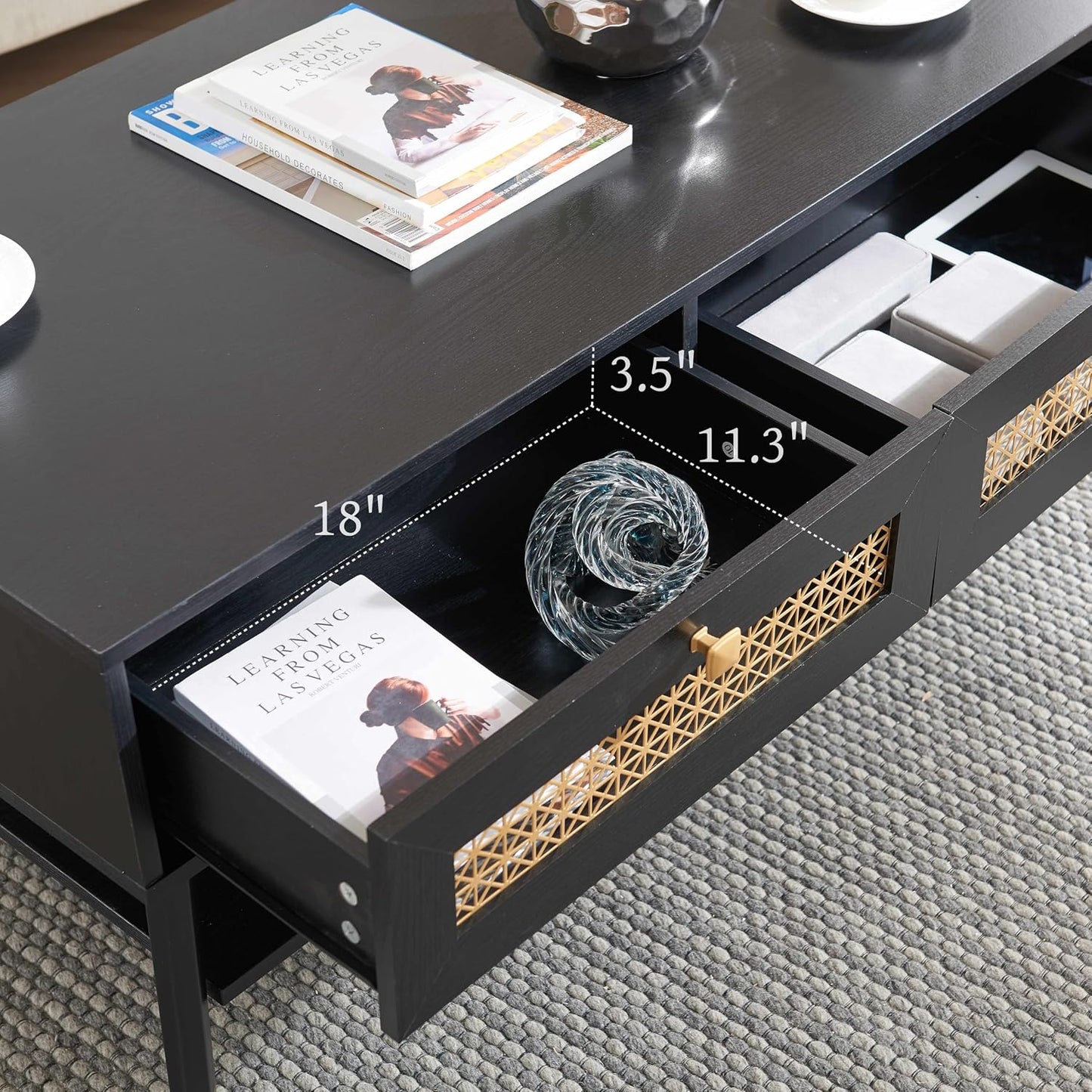 Mid Century Modern Coffee Table - Black Wood with Storage Drawers & Open Shelf, Compact Living Room Furniture for Small Spaces, 41.9" Wx21.6 Dx19.7 H