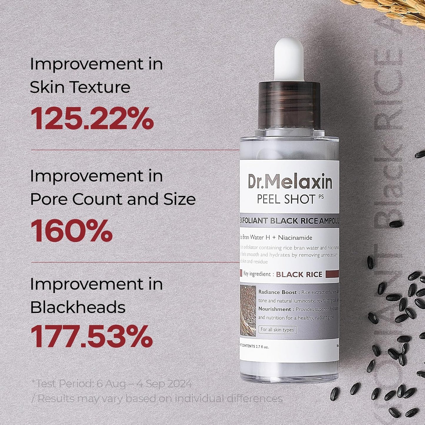 Dr.Melaxin Peel Shot Black Rice Exfoliating Ampoule, Face Exfoliator with AHA BHA Niacinamide Rice Bran Water, Blackhead Remover, Pore Minimizer, Brightening Glass Skin Serum, Korean Skin Care, 2.7 oz