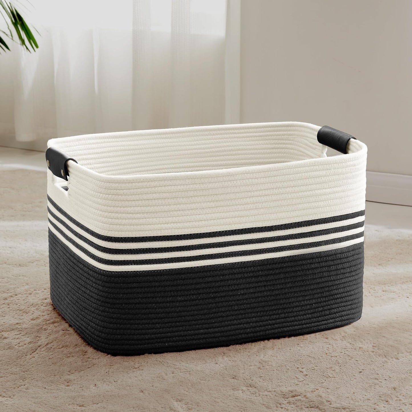 72L Large Woven Laundry Basket Hamper with Leather Handles,Black