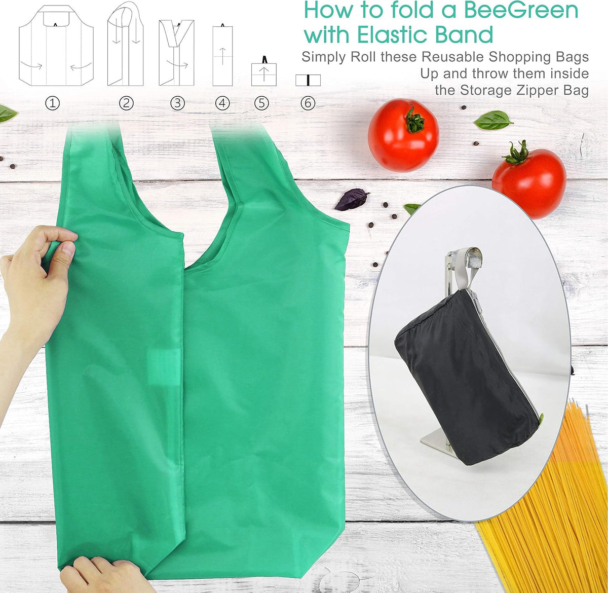 BeeGreen Groceries Reusable Bags for Shopping Compact Cute Solid Color Cloth Grocery Totes Set of 12 Fold up Packable Recycling Shopper Baggies w Zipper Carry Pouch for Supermarket