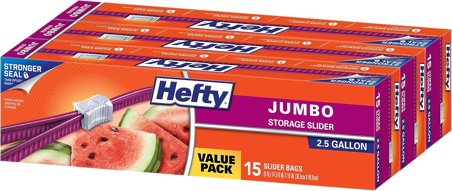 Hefty Slider Jumbo Storage Bags, 10 Count, 2.5 Gallon Extra Large Storage Bags for Bulk Leftovers, Travel Clothes, Shoes, Office Supplies, and More, Writable Label, Secure Zip and Click Closure
