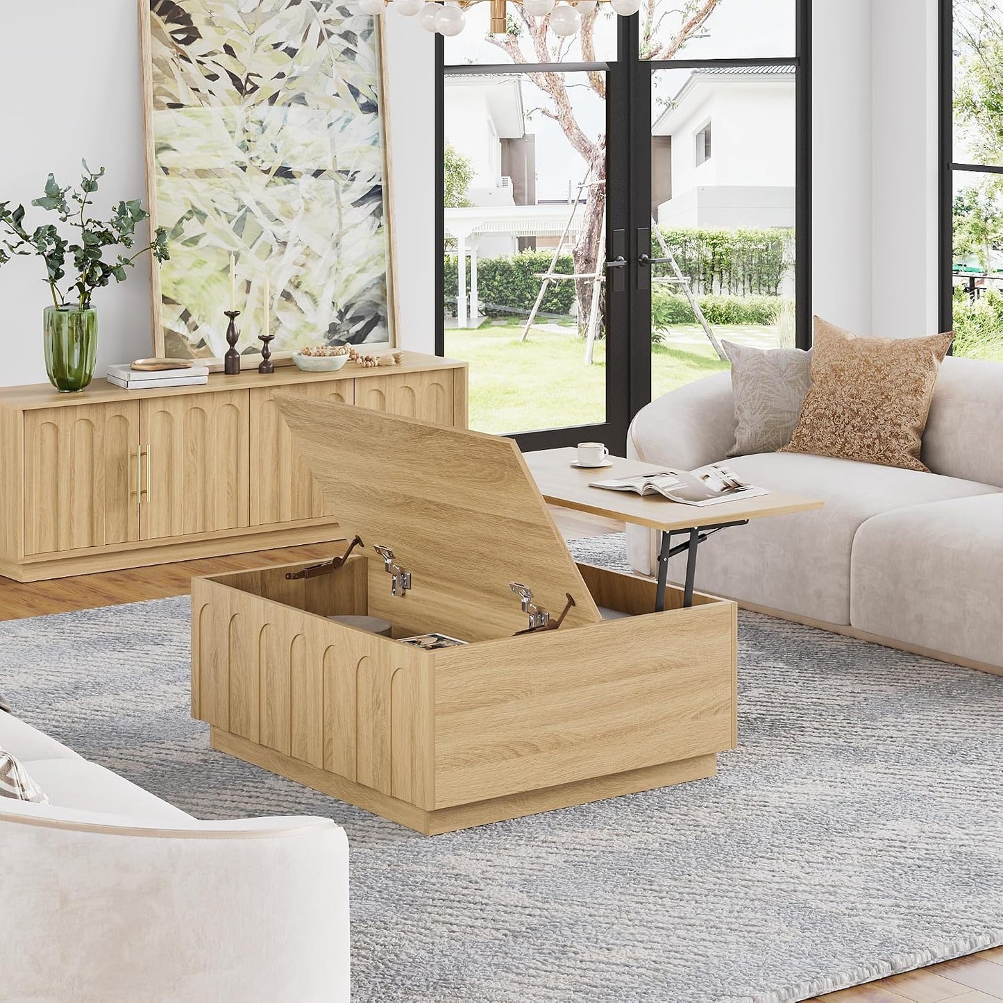 FORTUNETEC 31.5" Lift Top Coffee Table with Storage, Arched Design, Oak | Modern Coffee Table, Square Tea Table, Boho Multifunctional Center Table, Wood Grain Texture, Living Room, Office