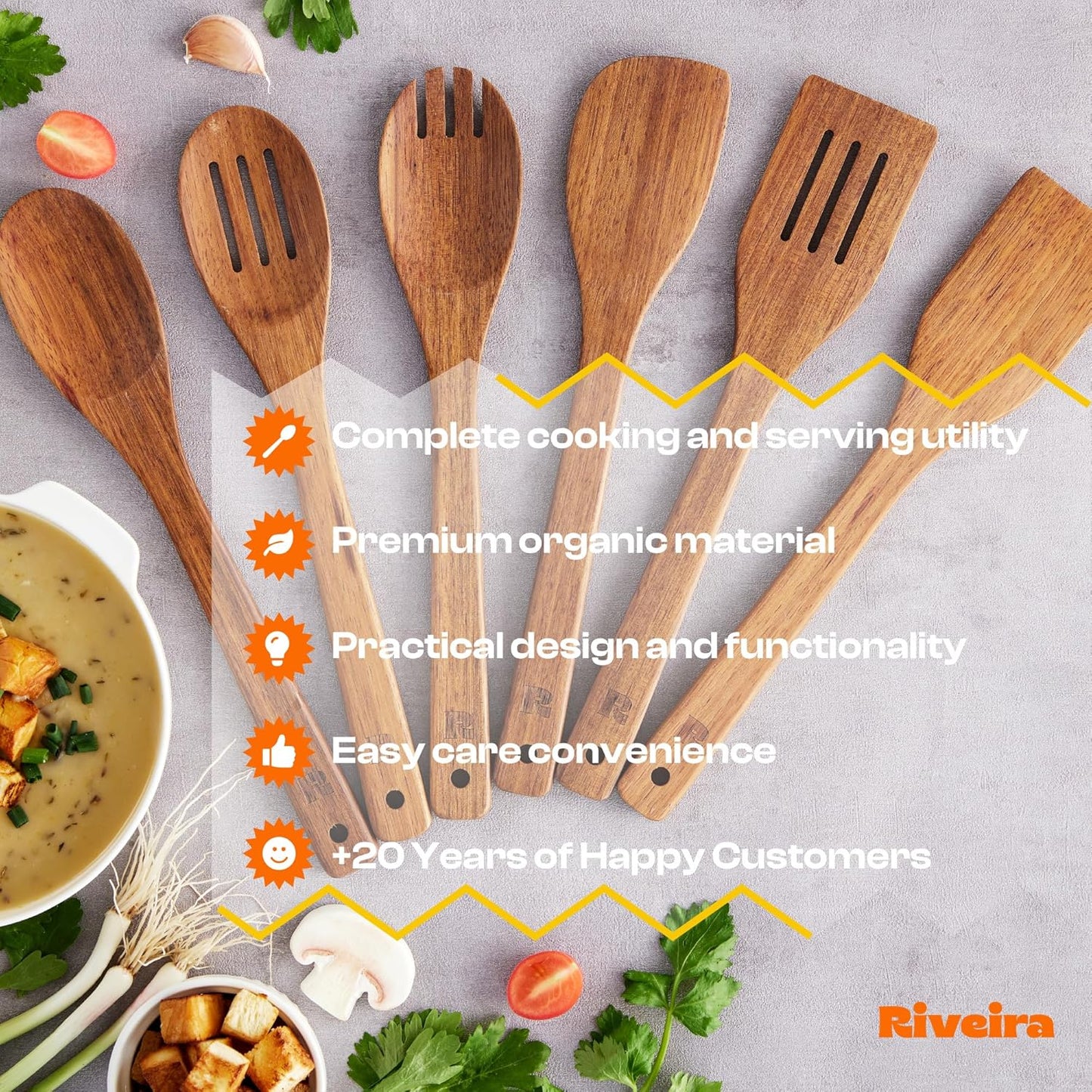 Riveira Teak Wooden Spoons for Cooking Set of 6 – Natural Teak Wooden Cooking Utensils, Wooden Spatula, Wooden Spoon - Premium Quality Utensil Set for Non-Toxic Cooking