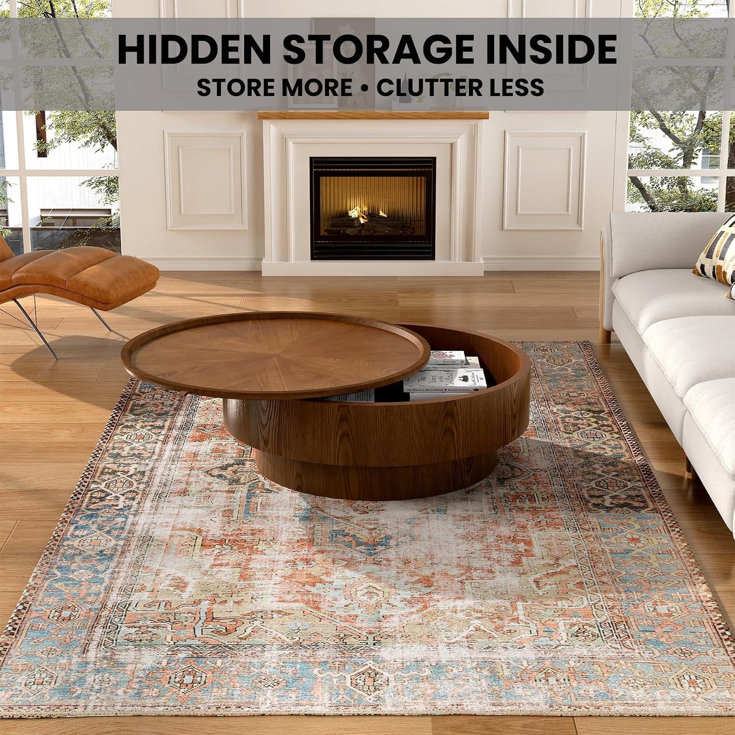 30.7" Round Coffee Table with Storage, Drum Center Table for Small Spaces | Large Hidden Storage Compartment With Removable Lid Keeps Living Room Organized