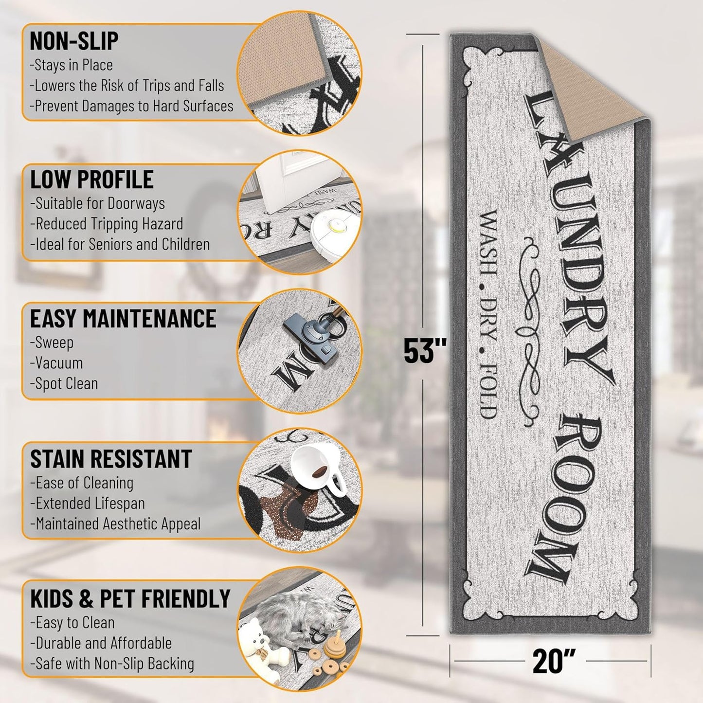 Ottomanson 20" x 53" Laundry Room Rug - Non-Slip Mat for Laundry & Mudroom - Durable, Stain-Resistant, and Easy to Clean - Perfect for High-Traffic Areas - Runner Rug for Entryway Bathroom, Gray