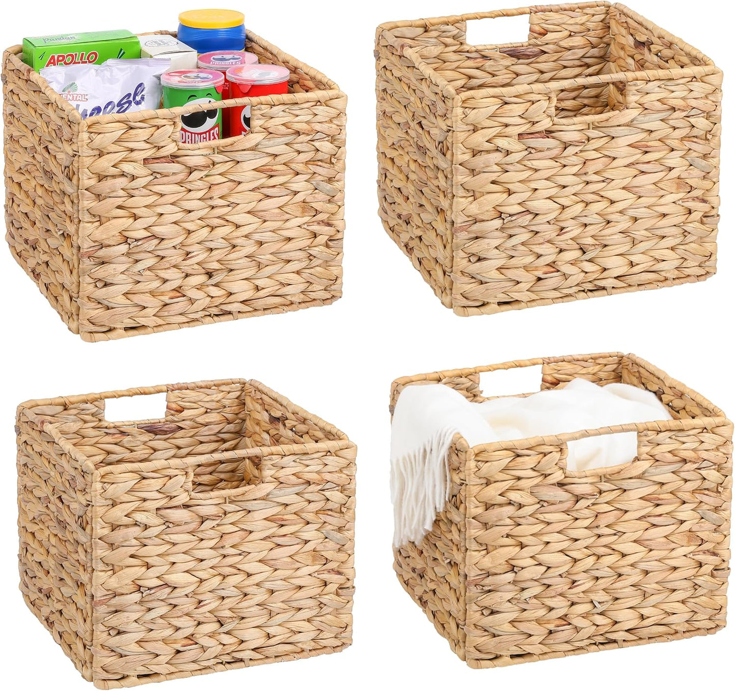 12x12x10in Seagrass Storage Baskets Set of 4, Large Wicker Storage Basket, Decorative Seagrass Shelf Basket, Pantry Baskets Organization,Folding Storage Cube Bins