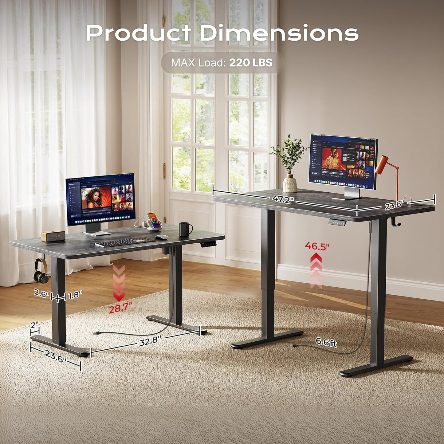Huuger Electric Standing Desk with Power Outlets and USB-C Port, 47 X 24 Inch Height Adjustable Desk, Sit Stand Desk for Home Office, Computer & Gaming Desk with 4 Presets, Stable Steel Frame, Grey
