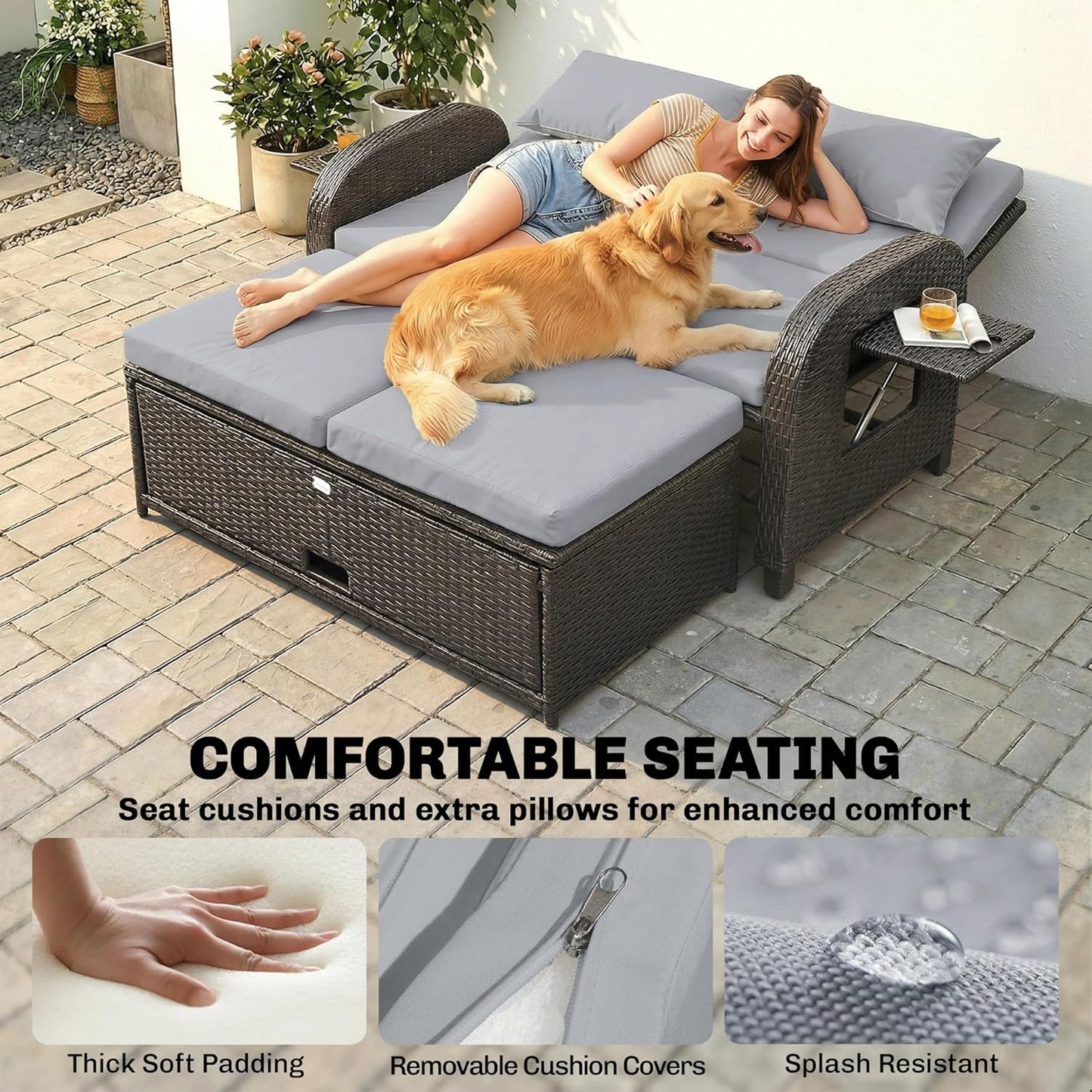 Outsunny Patio Rattan Daybed, Wicker Outdoor Daybed with Storage Ottoman, Loveseat Sofa with Adjustable Backrest, Side Tables, Cushions, Headrests, Double Sunbed Lounger for Balcony, Gray