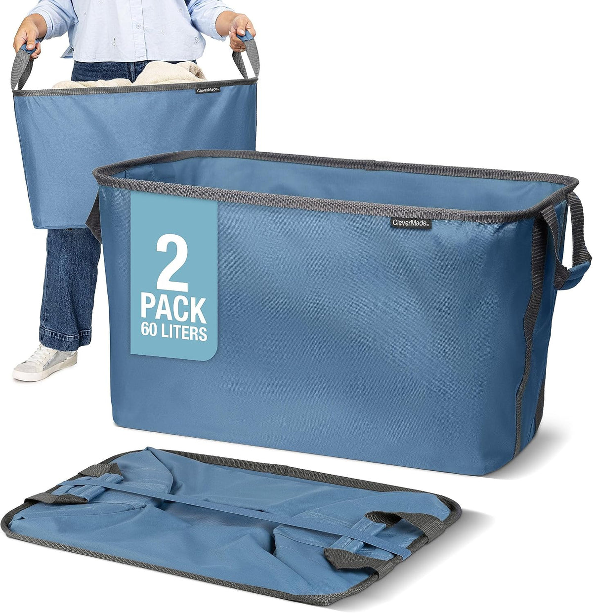 Collapsible Laundry Basket - Denim/Shadow Gray(2PK) | Clear Floor Space Between Laundry Days | Each Basket Holds 55 lb, Stays Upright While Loading, and Folds to 1.25 Inches