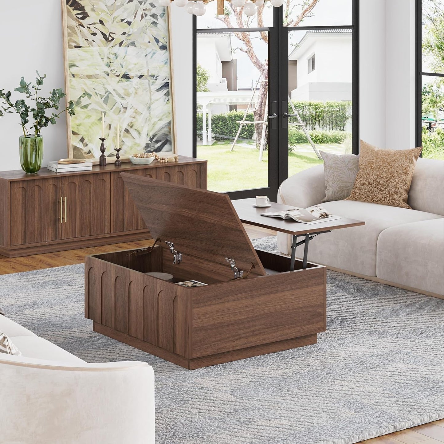 FORTUNETEC 31.5" Lift Top Coffee Table with Storage, Arched Design, Walnut | Mid Century Modern Coffee Table, Square Tea Table, Multifunctional Center Table, Wood Grain Texture, Living Room, Office