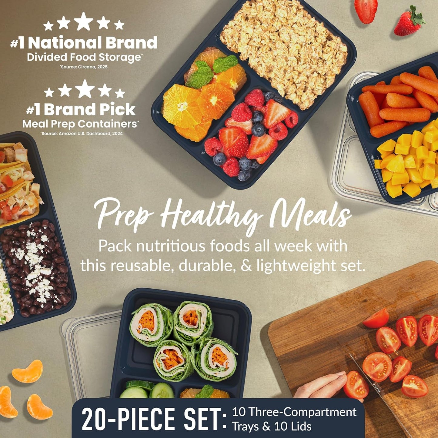 Bentgo Prep - 20-Piece 3-Compartment Reusable Meal Prep Containers with Lids, PFAS & BPA Free Materials, Durable, Microwave, Freezer, & Dishwasher Safe To Go Food Storage (Navy Blue)