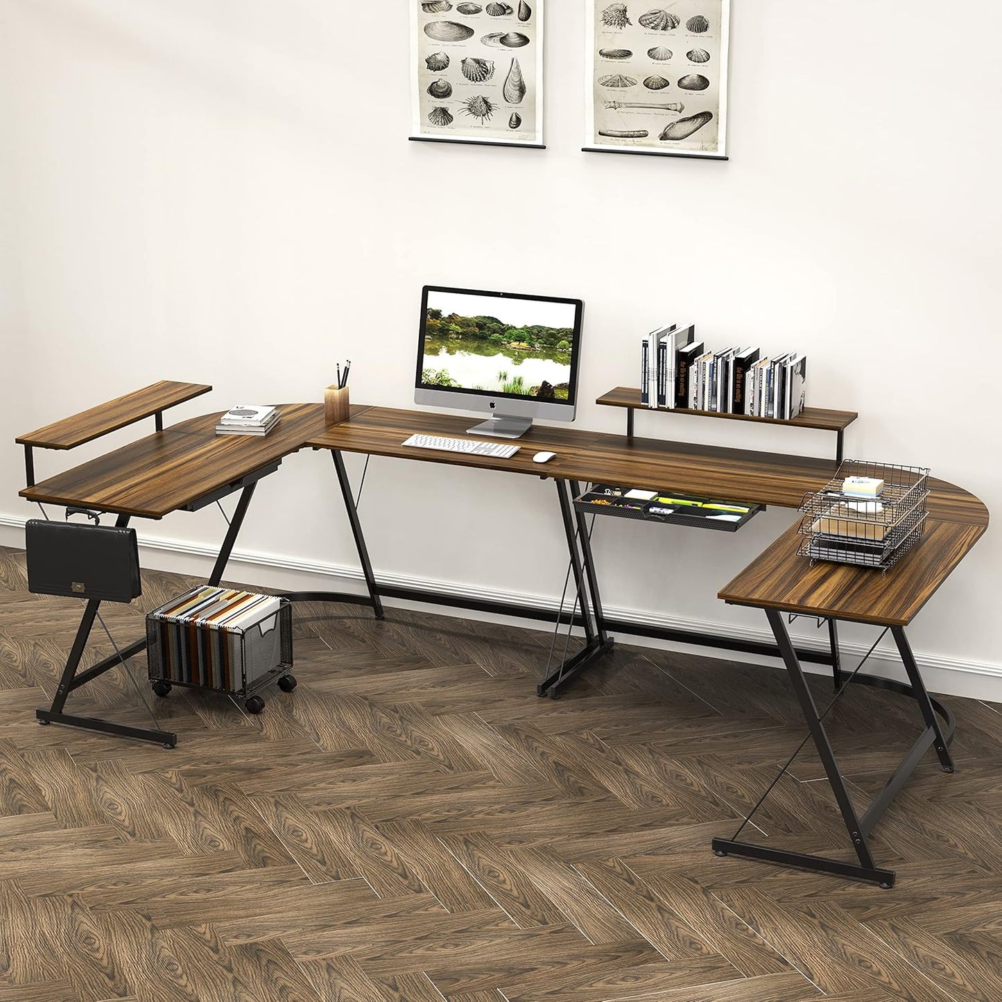 SHW 51 x 51 Inches Vista L-Shaped Desk with Monitor Stand and Drawer, Walnut