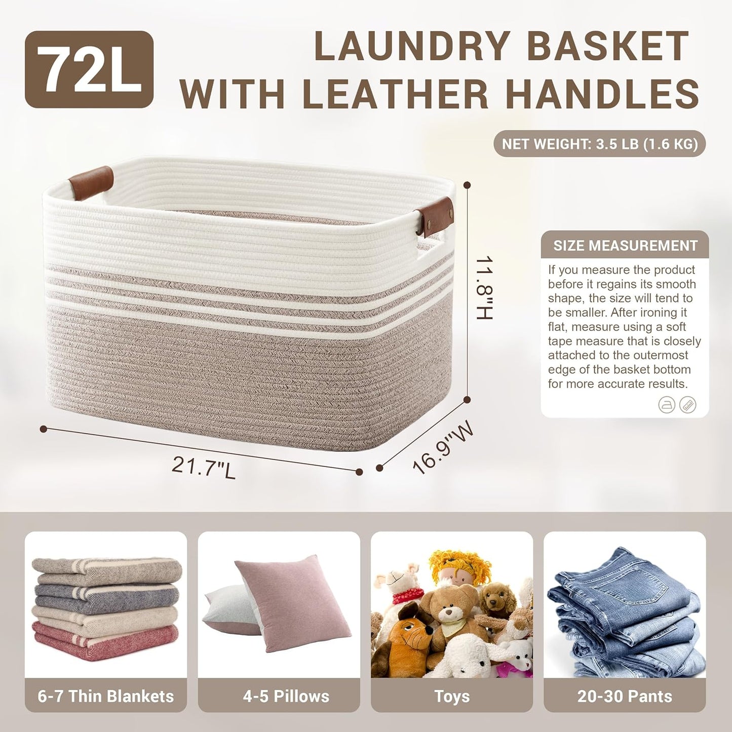72L Large Woven Laundry Basket Hamper with Leather Handles,Brown