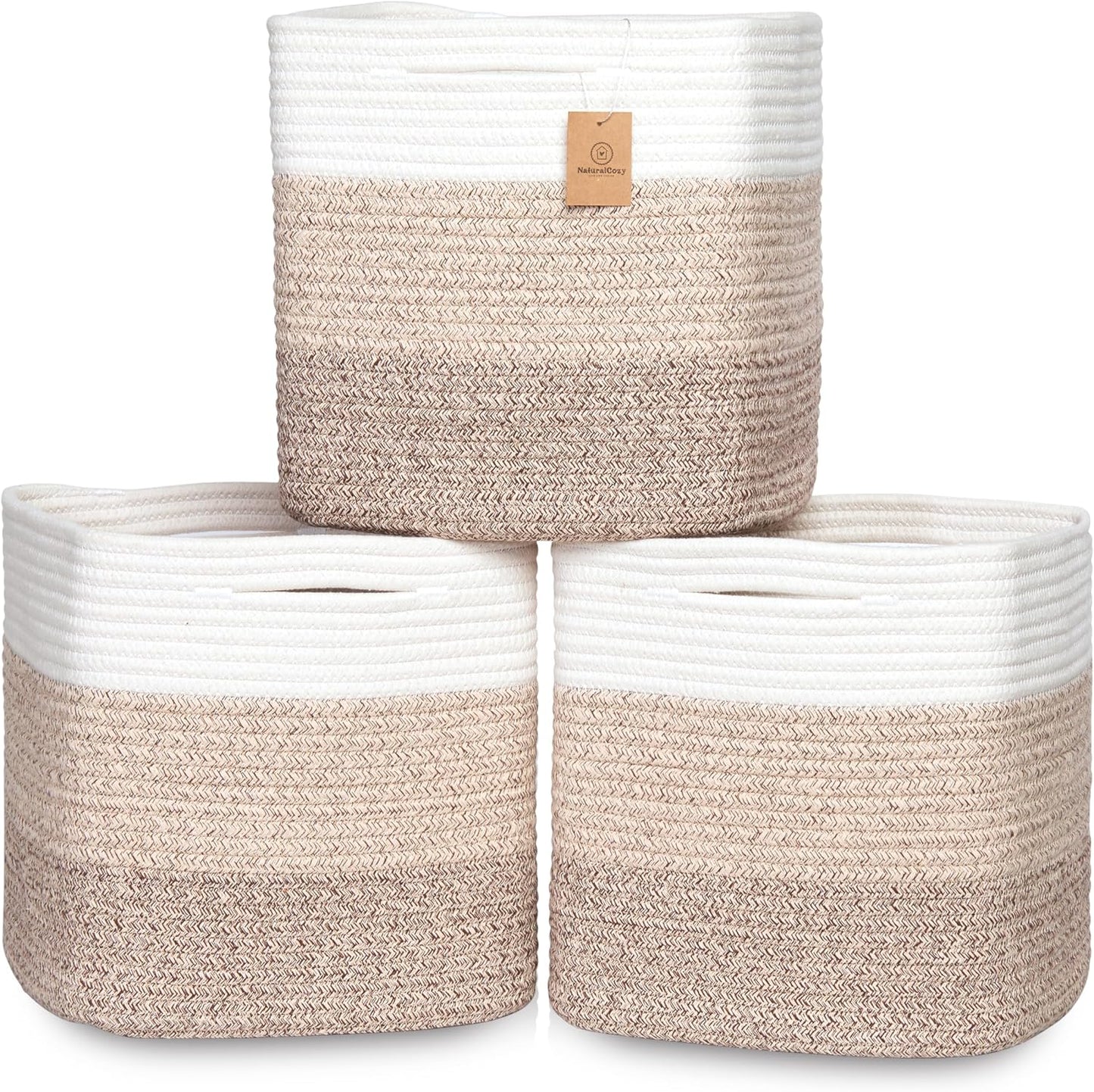 NaturalCozy 13 Inch Cube Storage Bins Cotton Rope Woven Baskets for Organizing 3-Pack | 13 x 13 Storage Cubes | Fabric Square Storage Baskets for Shelves Organizer, Kids Toy Bins, Closet Baby Nursery
