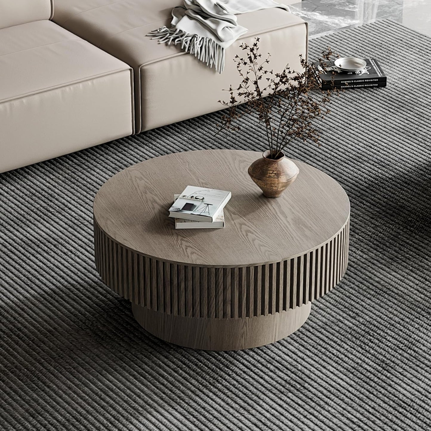 31.5" Round Coffee Table with Hidden Storage Compartment, Modern Handcraft Fluted Drum Coffee Table, Wooden Circle Center Table Cocktail Tea Table with Sturdy Pedestal for Living Room, Grey