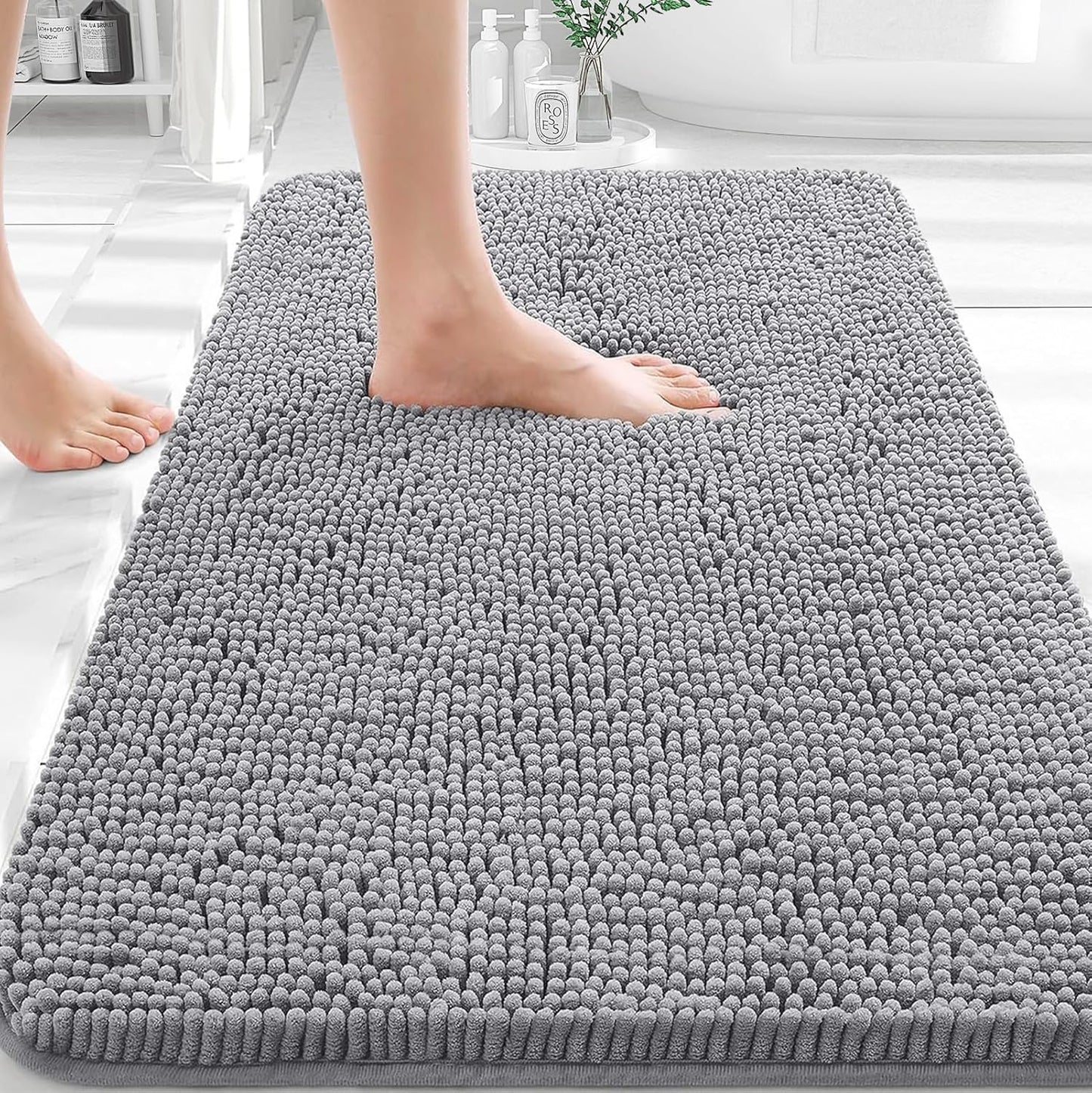 OLANLY Bathroom Rugs 36x24, Extra Soft Absorbent Chenille Bath Rugs, Rubber Backing Quick Dry, Machine Washable Bath Mats for Bathroom Floor, Tub and Shower, Home Decor Accessories, Grey