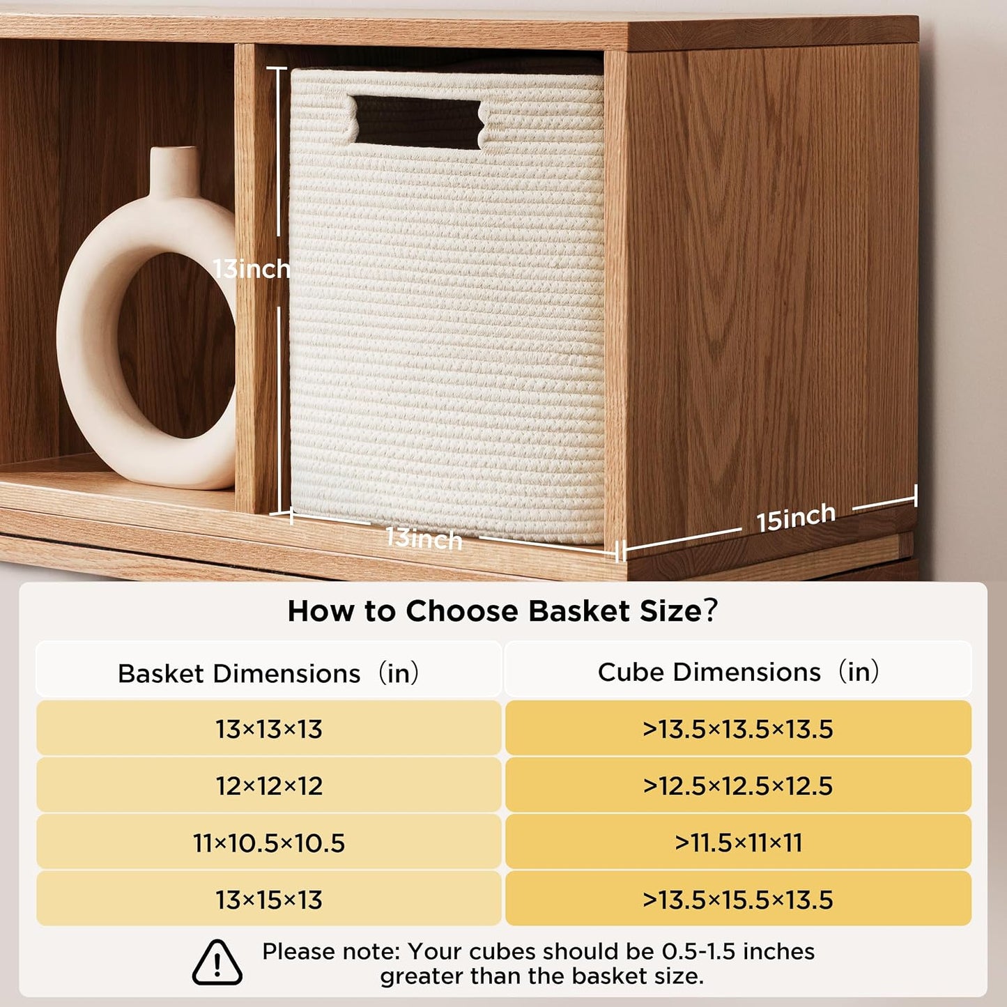 UBBCARE Set of 2 Kallax Storage Cubes-13 ×15 ×13 Inch, Cotton Rope Basket for Shelves, Toys, Book, Cube Storage Bin with Handles, Woven Storage Basket for Organizing, White