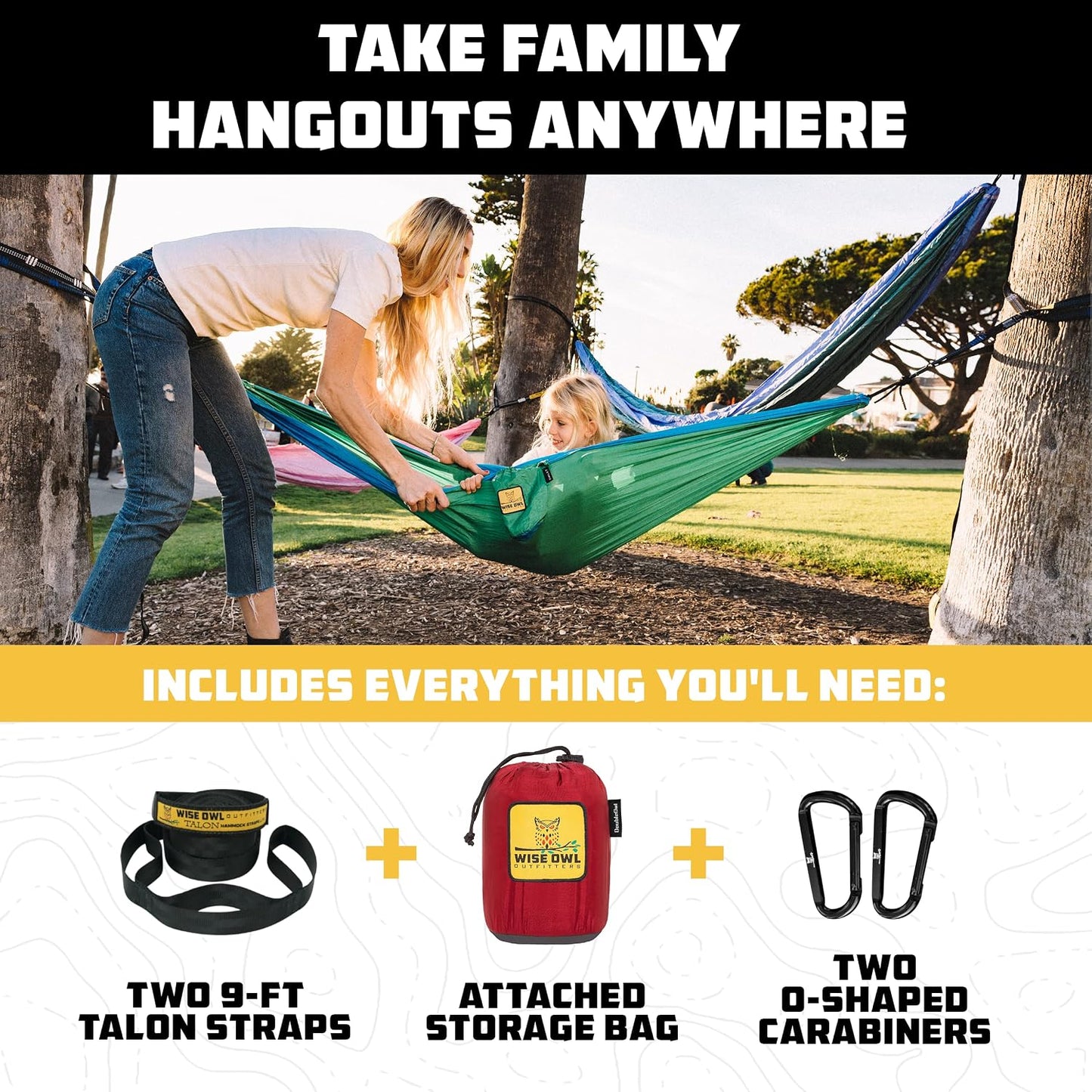 Wise Owl Outfitters Camping Hammock – up to 500lbs Portable Hammock with Tree Straps - Travel, Backpacking, Hiking, Outdoors Camping Gear - Single or Double