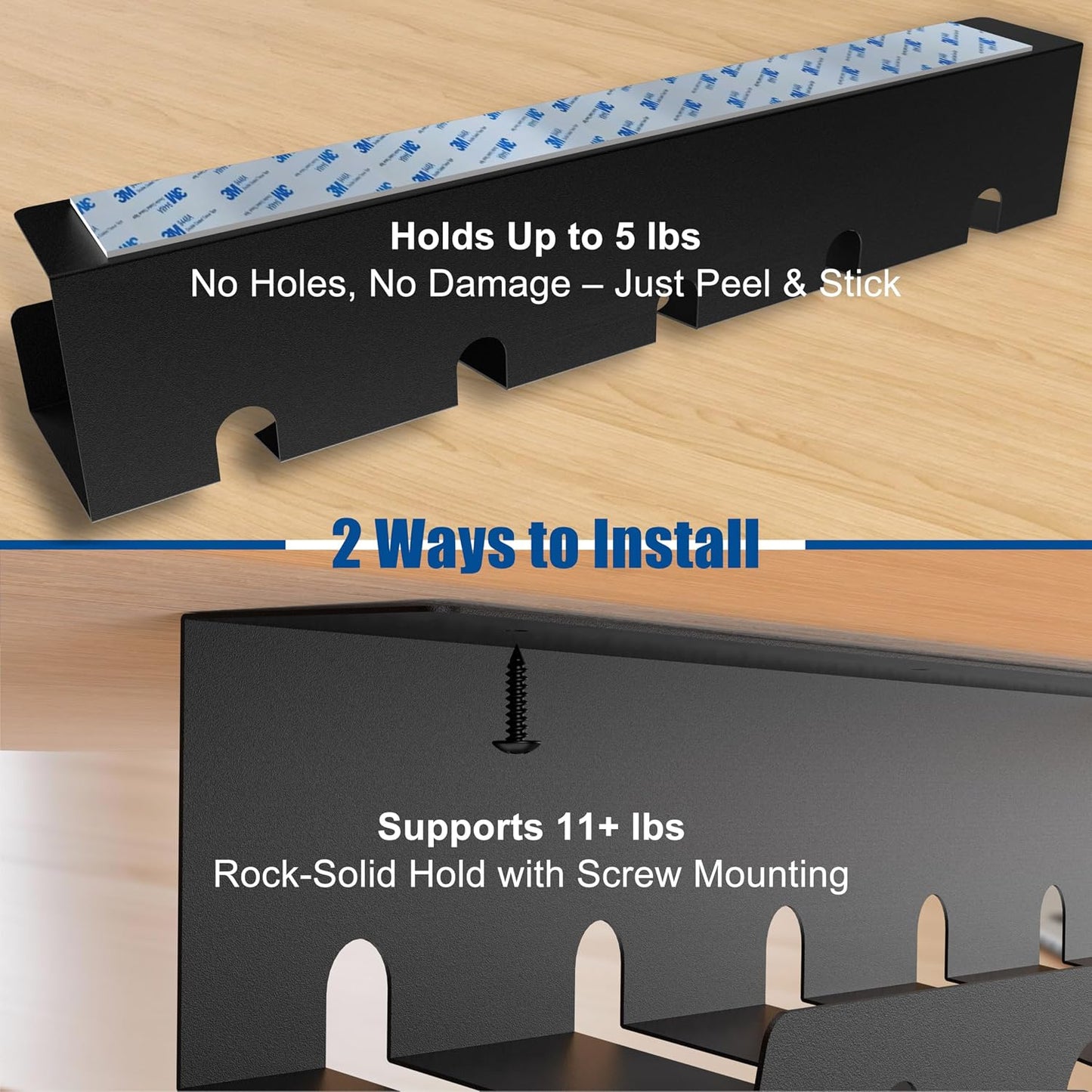 2 Pack 17" Under Desk Cable Management Tray, Metal Wire Management Standing Desk Cord Organizer Power Strip Holder with Cable Ties and Clips for Home Office, Black