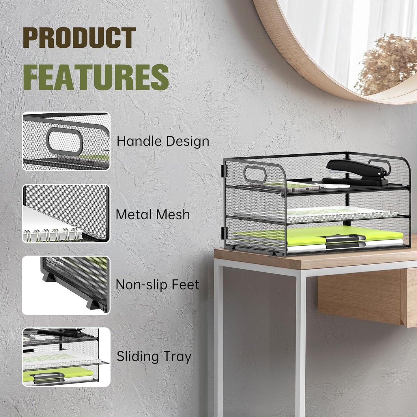 DALTACK 3 Tier Paper Organizer with Handle, Mesh Metal Desk Organizer with Sliding Paper Trays for Letter/A4 Paper, Mail, Bills & Folders, Black 2 Pack