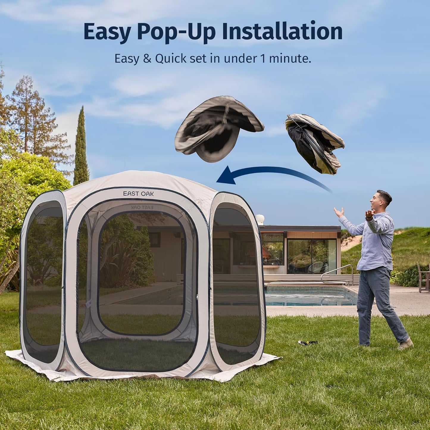 East Oak Pop up Screen Tent with Mosquito Netting, Portable Screen House Canopy Shelter, 10 x 10 FT Instant Screen Gazebo & UPF 50+ UV Protection for Patio, Backyard, Deck & Outdoor Activities, Beige