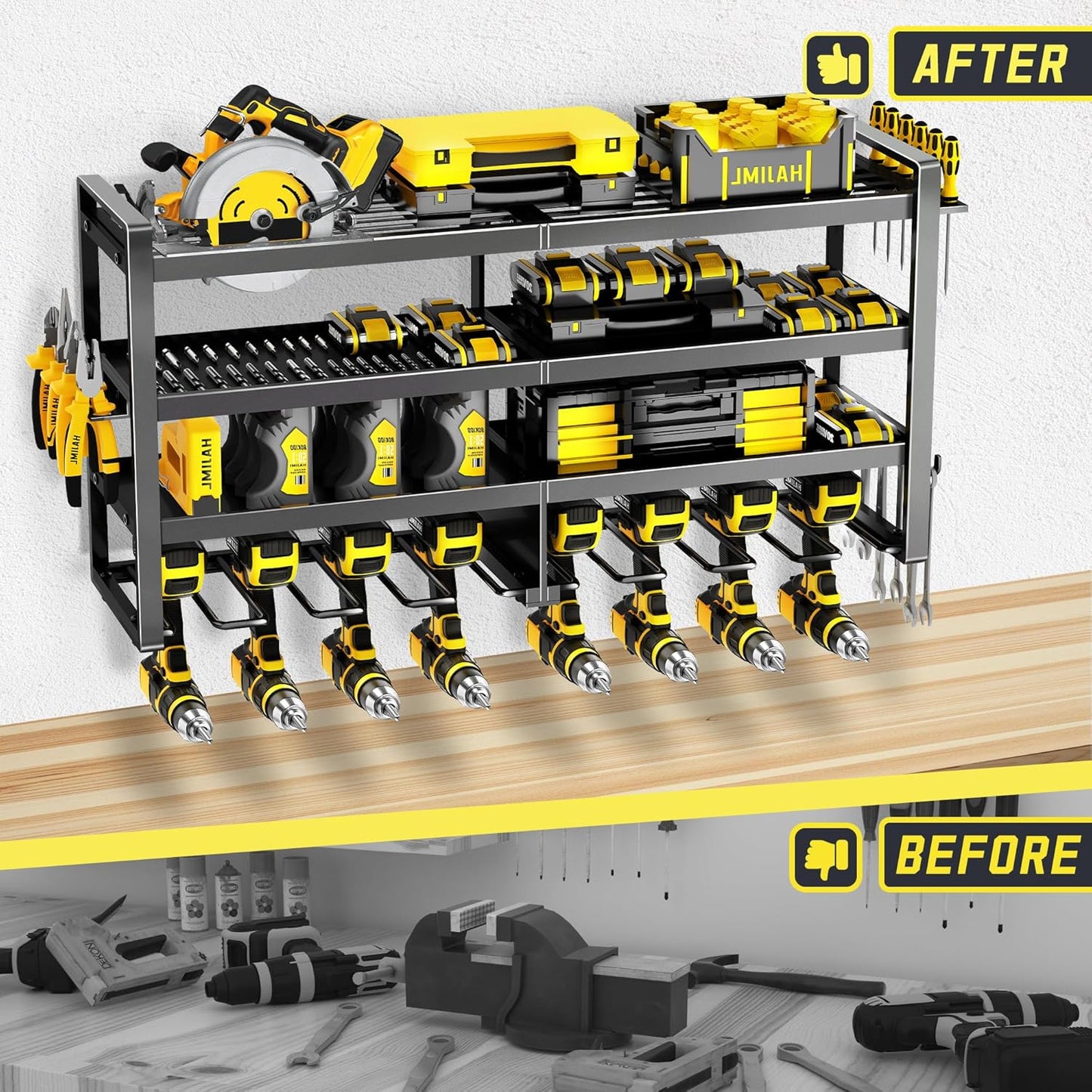 Power Tool Organizer Wall Mount,4 Layers Heavy Duty Storage Rack with 8 Drill Holder, Easy Installation, Tool Organizer Wall Mount for Garage Workshop and Home Organization.