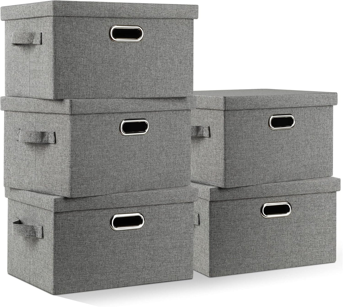 Graciadeco Medium 15" 21 Quart Collapsible Stackable Storage Bins with Lids, 5 Packs Grey Foldable Fabric Closet Boxes Heavy-duty Linen Cube Baskets Container for Bedroom Office (15 x 11 x 8)