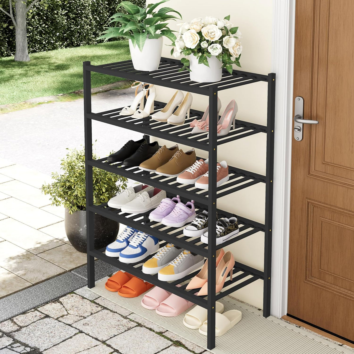 Smiry Bamboo Shoe Rack, 14 Vertical Slats, 5 Tier - 26.8" Wide, Black