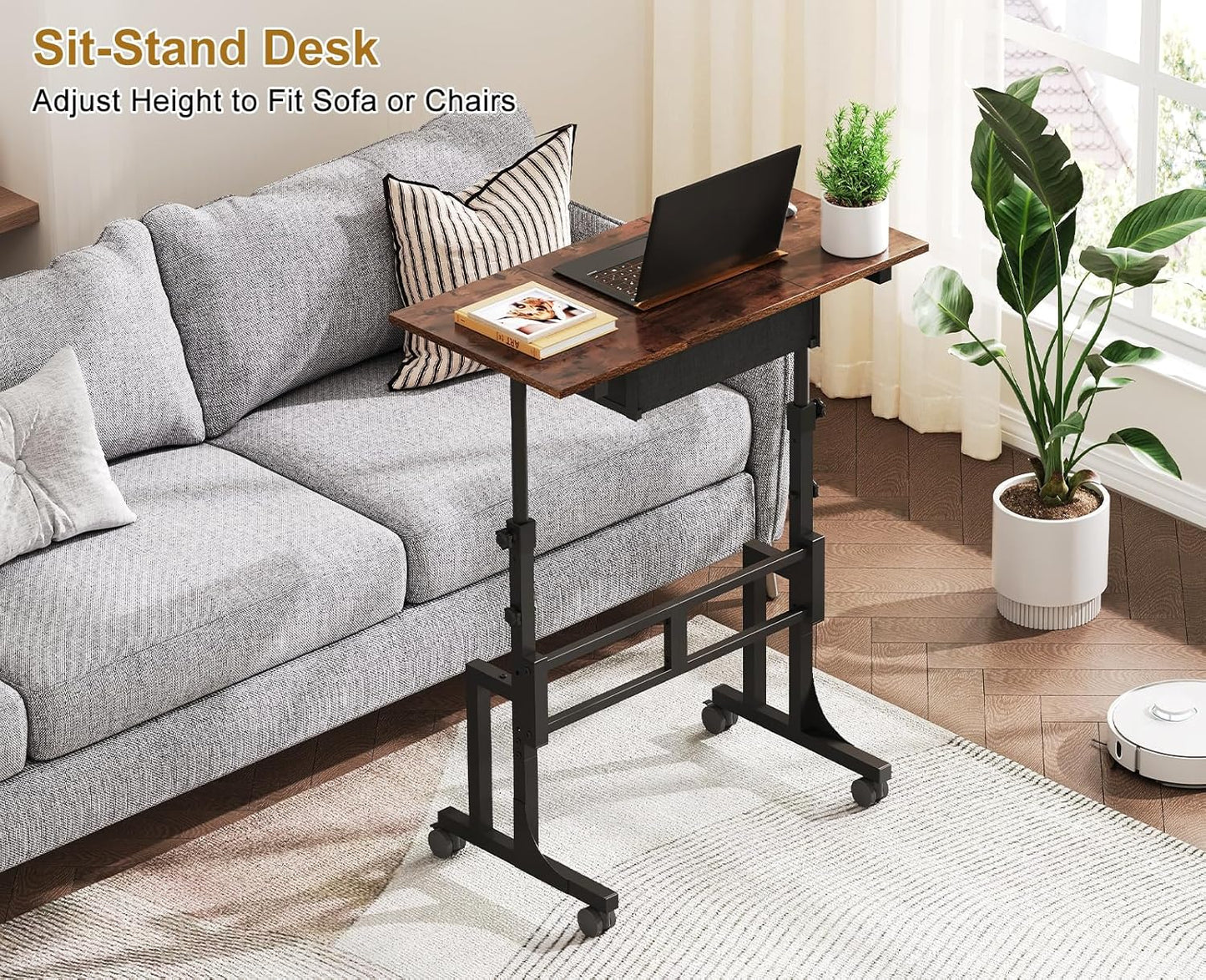 Adjustable Height Standing Desk With Drawer, Rolling Sit Stand Up Desk With Wheels, Small Sit To Stand Computer Desk, Adjustable Desktop Height, On Wheels, Brown, For Walking Pad Laptop Treadmill