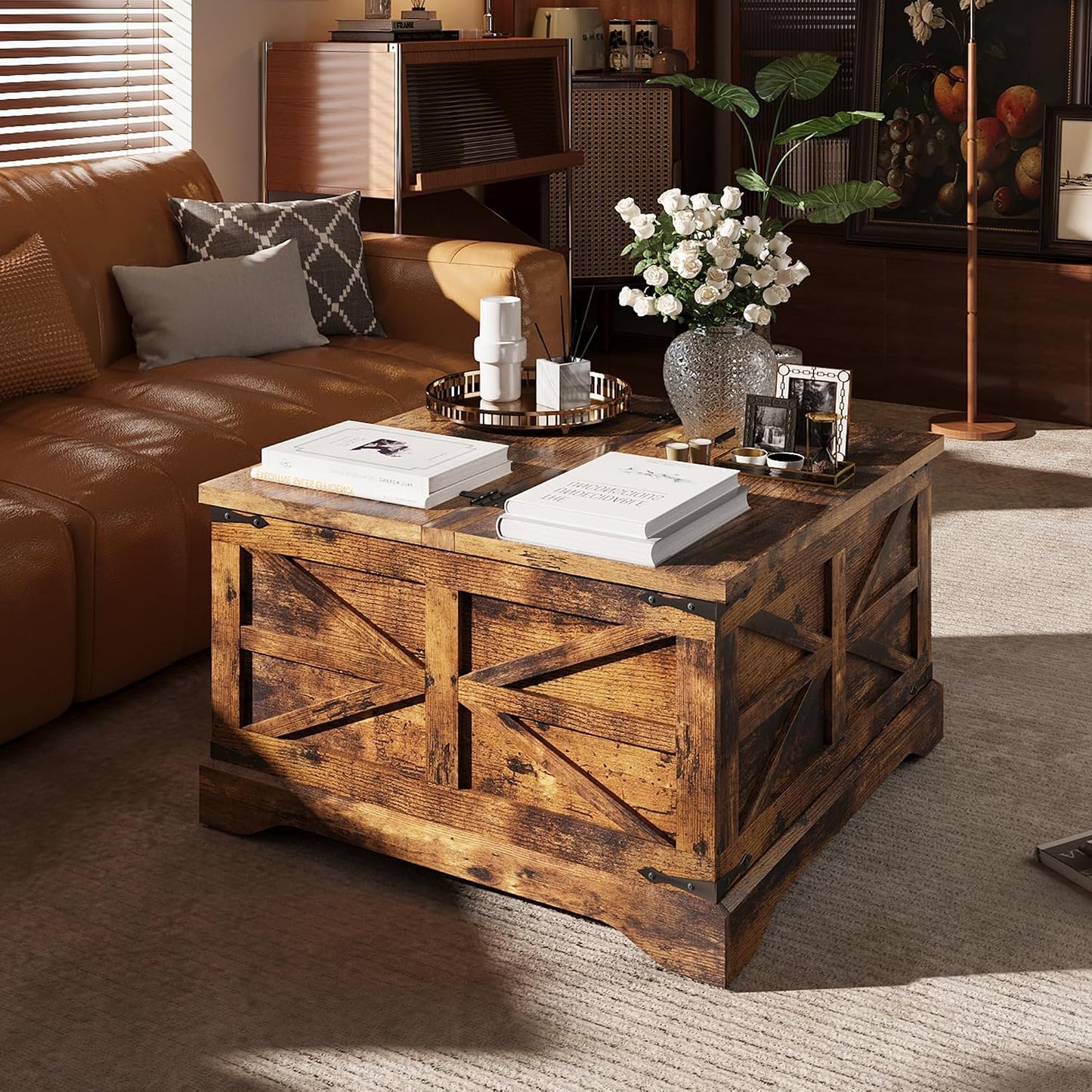 MXV Farmhouse Coffee Table with Storage, Square Coffee Tables for Living Room, Rustic Wood Center Table with Hinged Lifting Tabletop for Home, Blue
