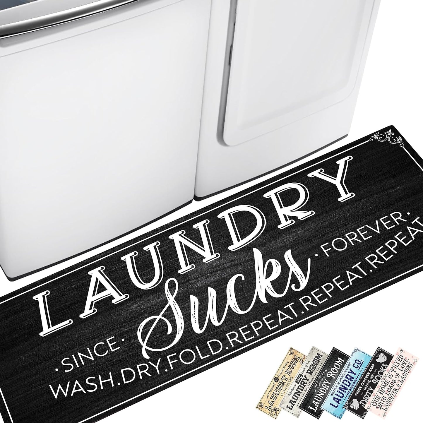 Tapeera Farmhouse Laundry Mat - 20" x 59" Non-Slip Rubber Backed Rug for Bathroom & Laundry Room Decor (Black)