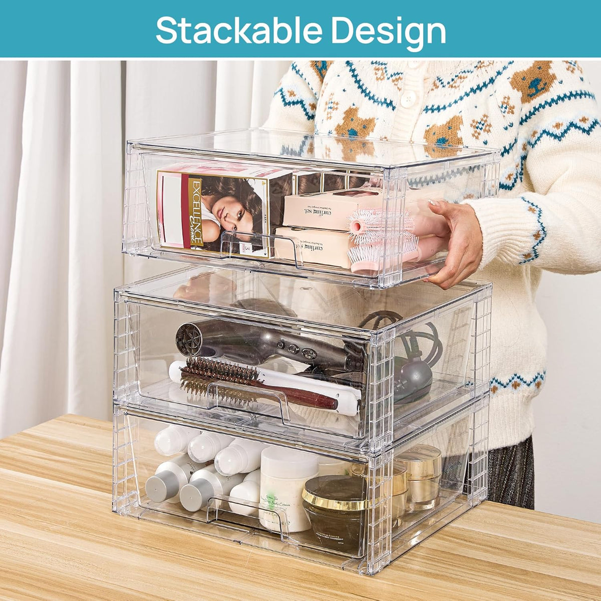 Vtopmart 4 Pack Large Clear Stackable Storage Drawers for Closet, Pantry