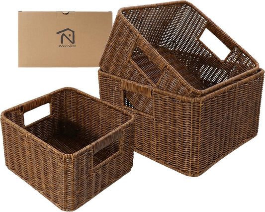 WeeNest Baskets with Handles, Wicker Storage, Shelf Boxes for Organizing, Decorative Resin, Set of 3, Toffee