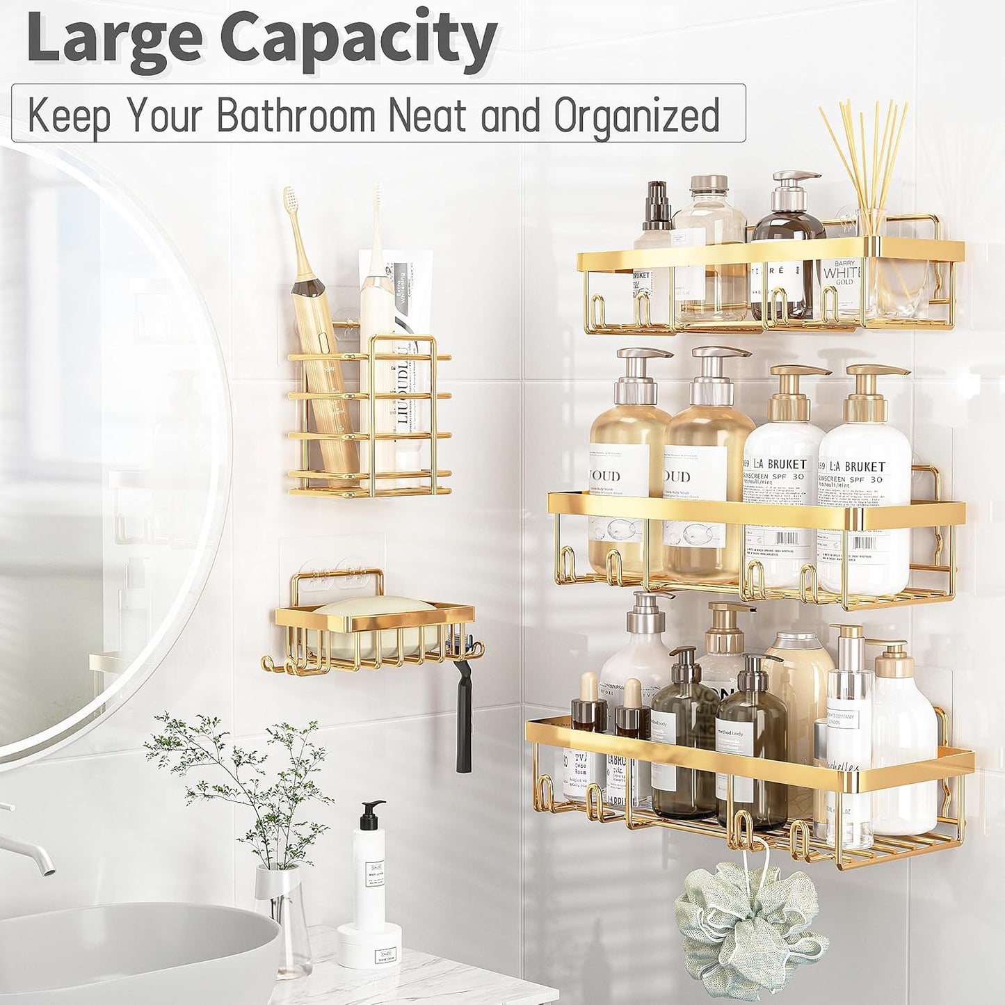 Liuoud 5 Pack Shower Caddy Organizer Rack Shelf for Inside Shower, Self Adhesive Wall Storage Basket Rustproof Stainless Steel Shampoo Holder Bathroom Accessory Decor Set, Gold