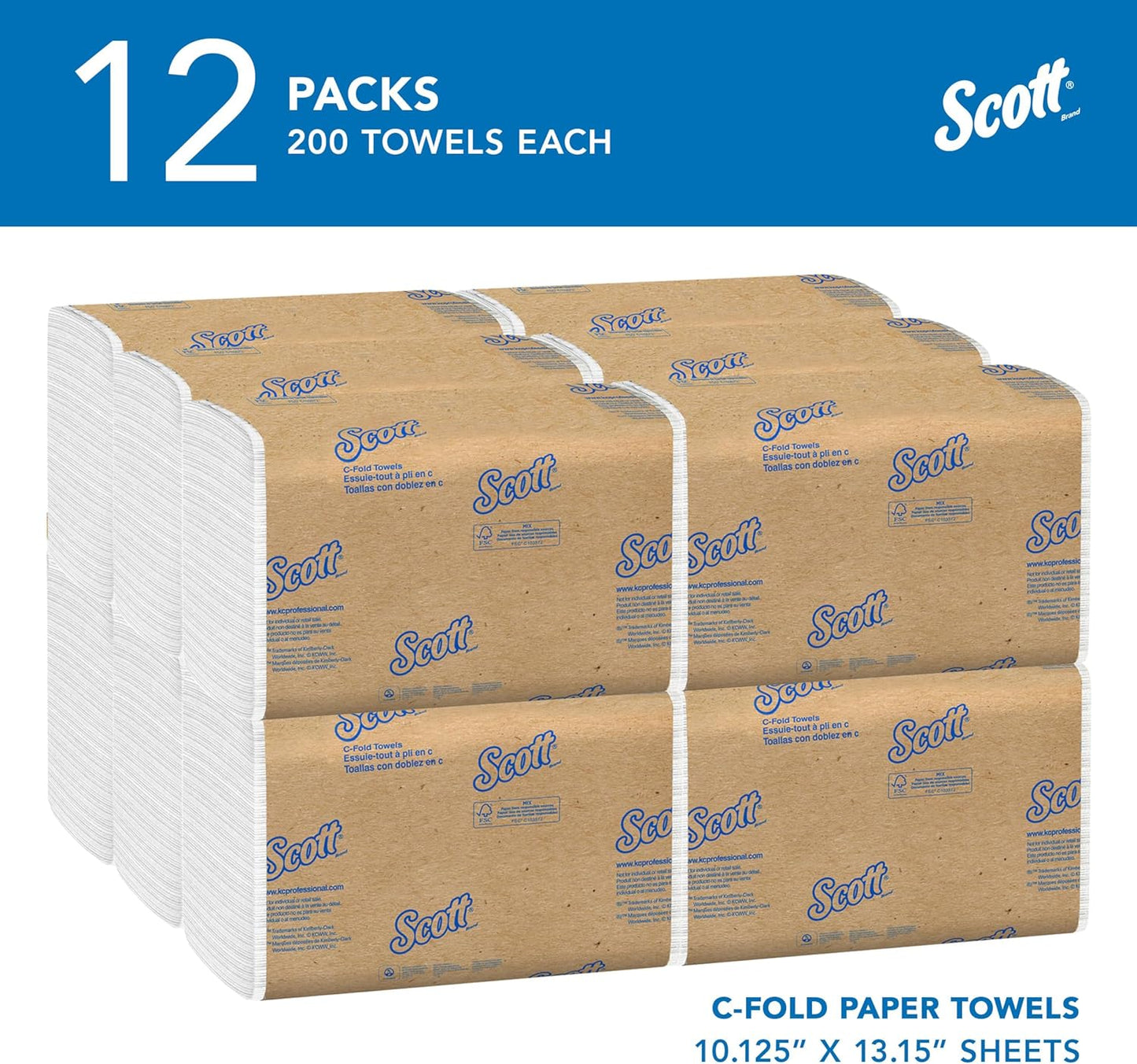 Scott Professional Essential C-Fold Folded Paper Towels, Bulk (01510), Fast-Drying Absorbency Pockets, 13.15"x10.125" Towel, White (200 Sheets/Pack, 12 Packs/Case, 2,400 Sheet Total)
