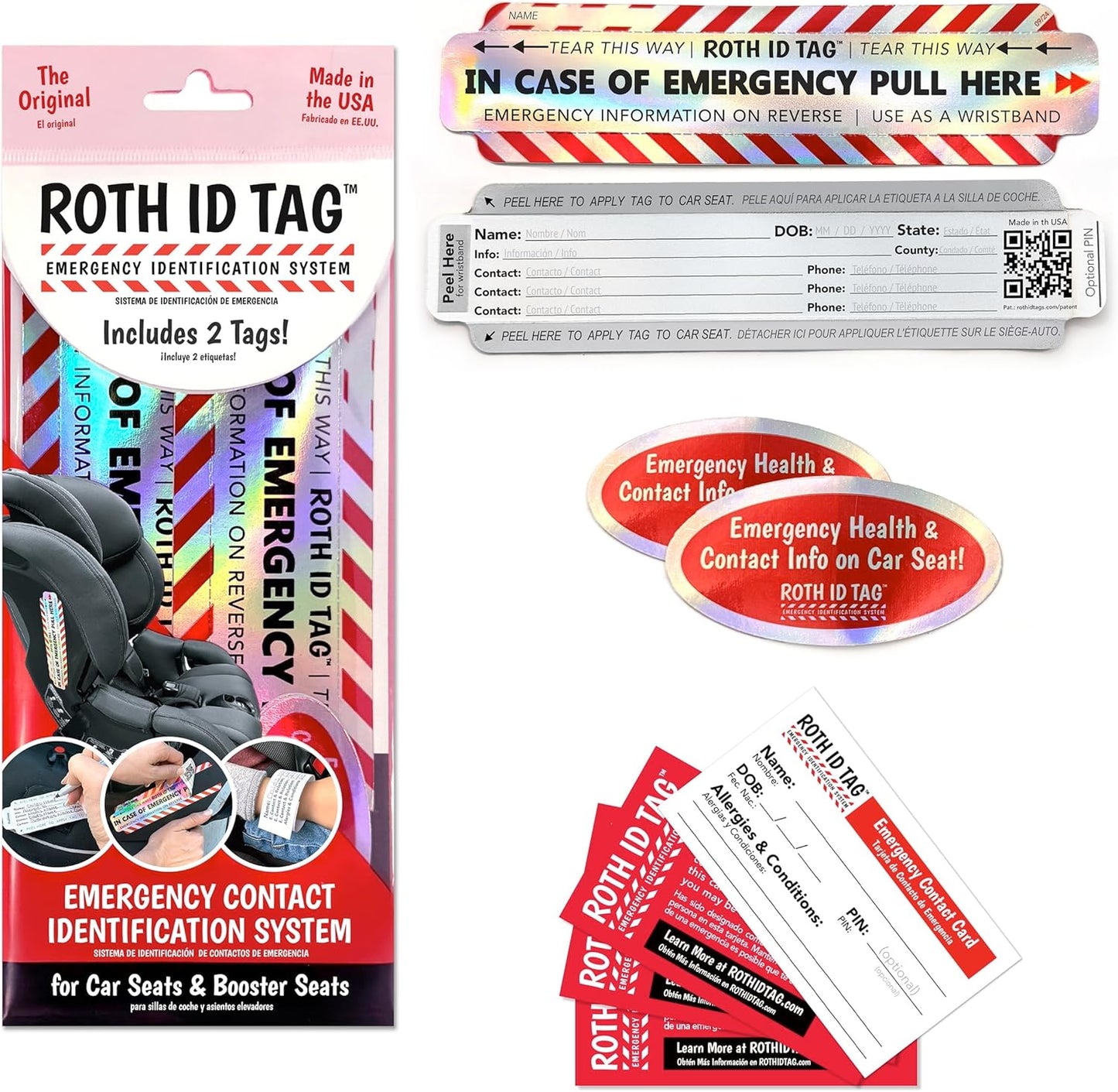 Emergency Contact Identification System for Car Seats, Booster Seats, Baby Gear | Original ROTH ID TAG Kit (2 Tags)