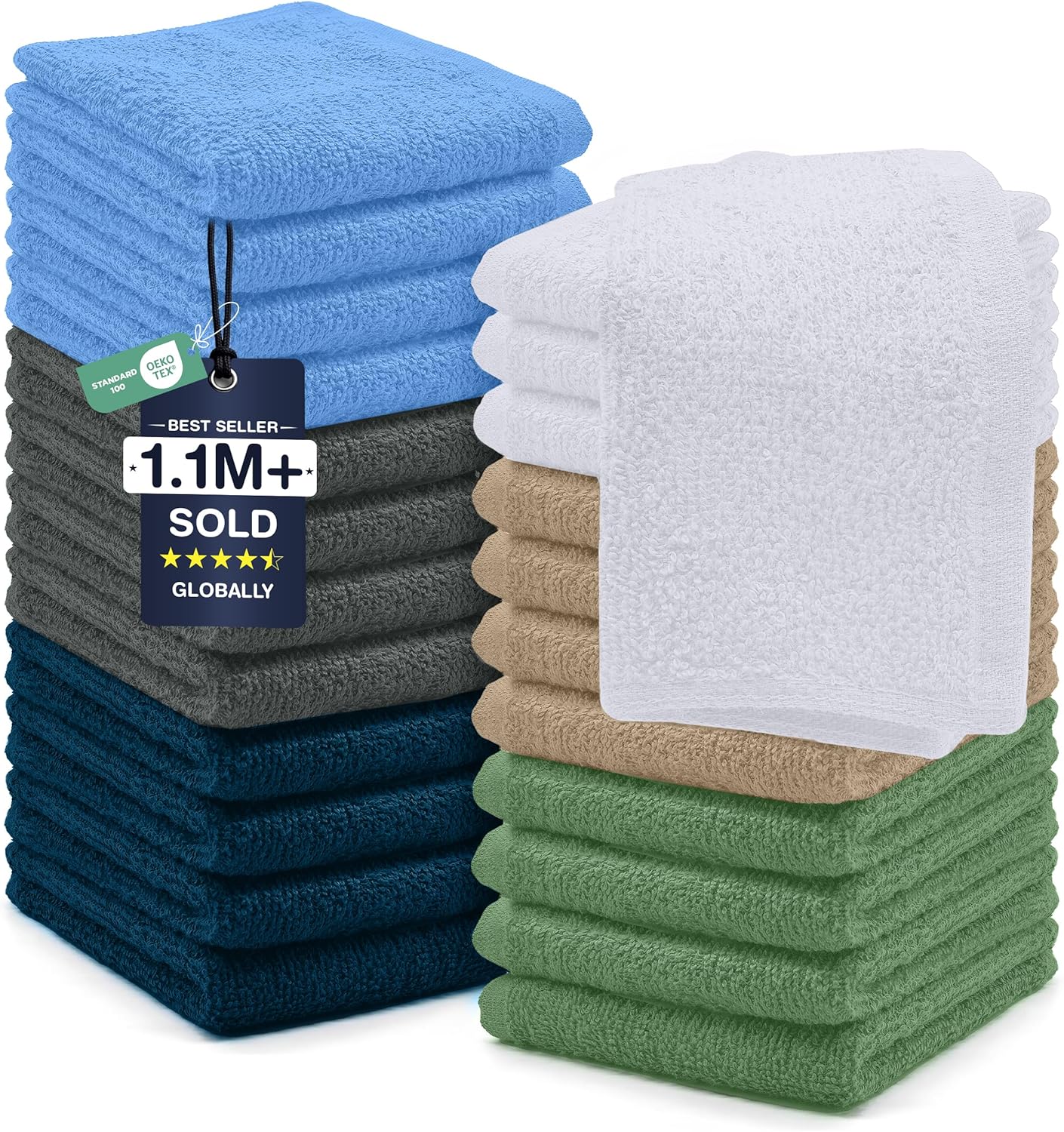DAN RIVER 24 Pack Wash Cloths for Showering [12x12] - 100% Cotton Washcloths Premium Quality Flannel Face Cloths for Bathroom, Highly Absorbent and Soft Feel Wash Clothes, Assortment 5