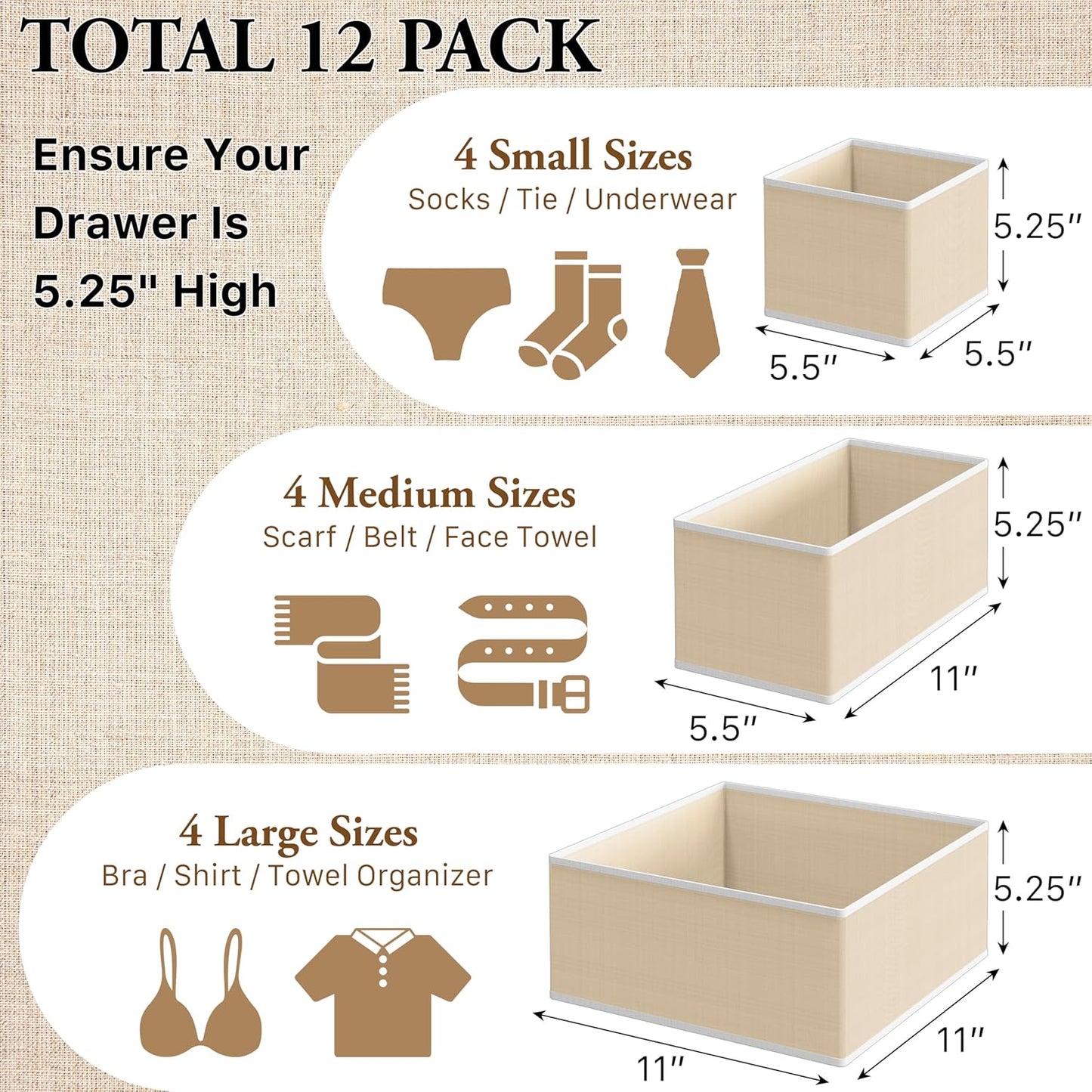 Simple Houseware Foldable Drawer Organizer Set of 12, Beige – Fabric Storage Bins for Clothes, Underwear, Bra, Panty, Socks, Onesies – Closet & Dresser Drawer Dividers for Home Organization
