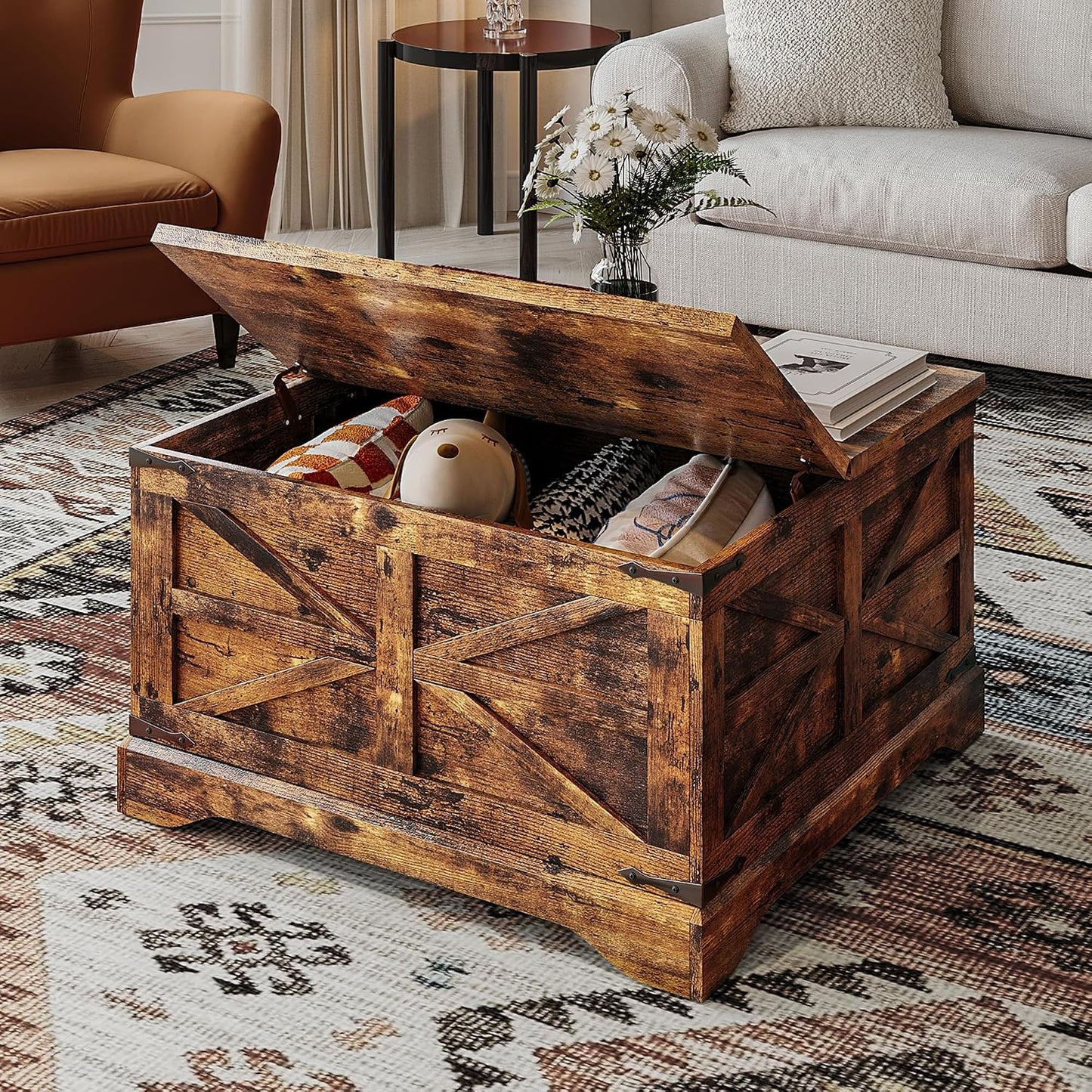 MXV Farmhouse Coffee Table with Storage, Square Coffee Tables for Living Room, Rustic Wood Center Table with Hinged Lifting Tabletop for Home, Brown