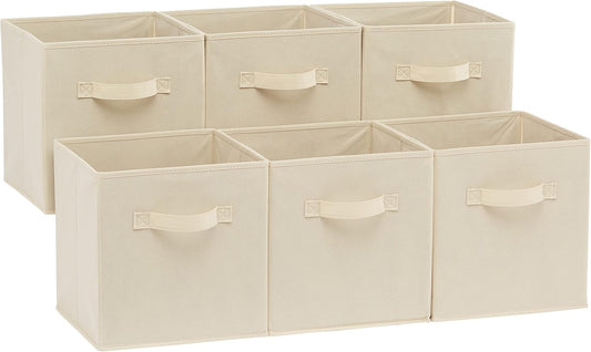 Amazon Basics Collapsible Fabric Storage Cubes Organizer with Handles, Sturdy Storage Bins for Organization, 10.5" x 10.5" x 11", Beige, 6-Pack