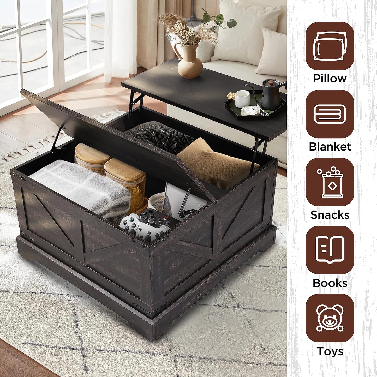 KIGOTY 31.5" Lift Top Coffee Table with Hidden Storage, Black | Square Farmhouse Style with Spacious Interior, All-in-one Living Room Table, Easy to Wipe and Adjust
