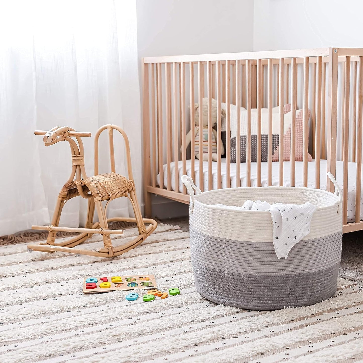 OrganiHaus Round Toy Basket & Blanket Basket, Cotton Rope 20x13" | 3-Toned Gray - Round Cotton Rope Basket, 20x13"
